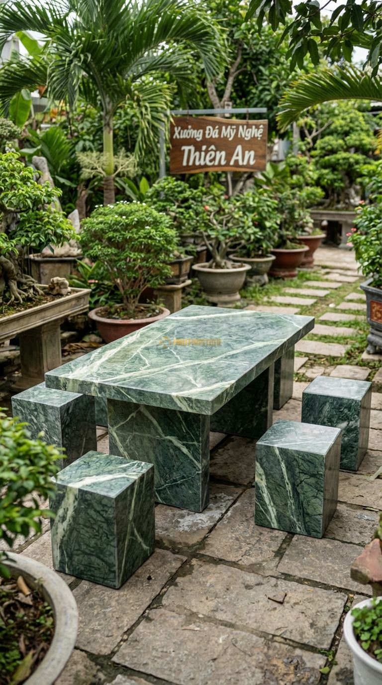 Bộ Bàn Ghế đá Ghế đá Tự Nhiên Mộc, Chất Liệu đá Xanh Ấn, Kiểu Dáng mặt Cắt Phẳng Lì (Matte), Không đá nh Bóng Quá Kỹ, Giữ Độ Nhám Mờ Tự Nhiên. Bàn: 150 x 90 x 60 Cm Đôn: Vuông Vức Tự Nhiên 35X35 Cm