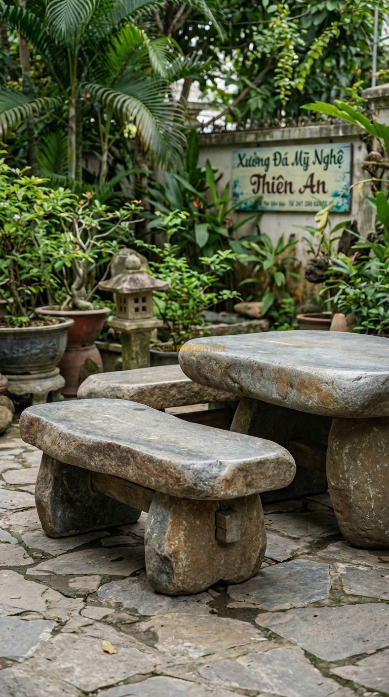 Bộ Bàn Ghế đá Ghế Thủ Lĩnh (Viking), Chất Liệu đá Cuội, Kiểu Dáng thiết Kế Thô Mộc, Sử Dụng Các Chốt đá (Mộng đá ) Để Ghép Nối, Dáng Vẻ Nguyên Thủy. Ghế: 100 x 90 x 100 Cm. Ghế: 100 x 90 x 100 Cm.