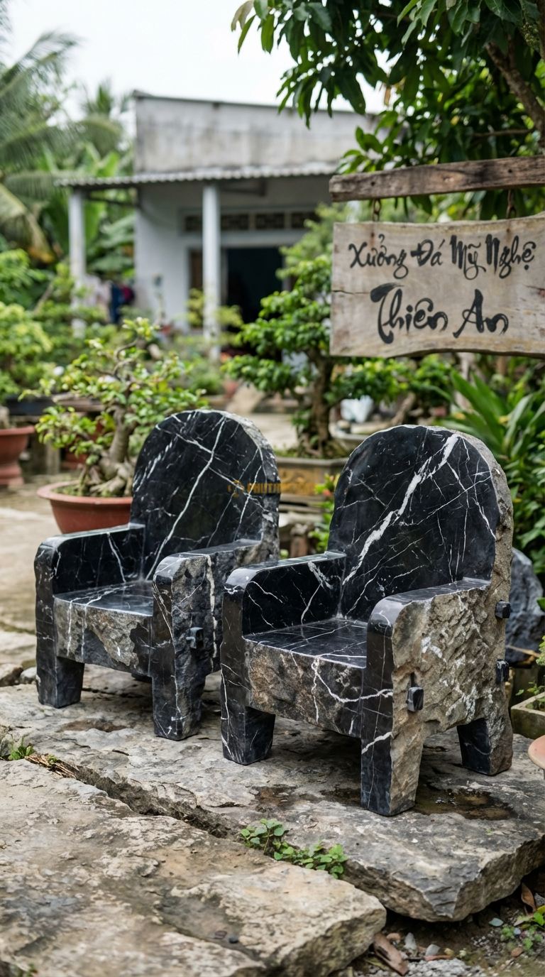 Bộ Bàn Ghế đá Ghế Thủ Lĩnh (Viking), Chất Liệu đá Đen Tia Chớp, Kiểu Dáng thiết Kế Thô Mộc, Sử Dụng Các Chốt đá (Mộng đá ) Để Ghép Nối, Dáng Vẻ Nguyên Thủy. Ghế: 100 x 90 x 100 Cm. Ghế: 100 x 90 x 100 Cm.