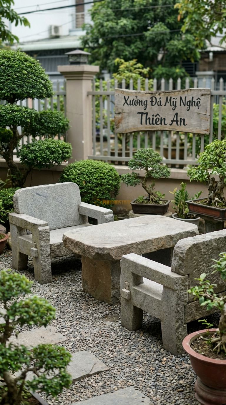 Bộ Bàn Ghế đá Ghế Thủ Lĩnh (Viking), Chất Liệu đá Granite, Kiểu Dáng thiết Kế Thô Mộc, Sử Dụng Các Chốt đá (Mộng đá ) Để Ghép Nối, Dáng Vẻ Nguyên Thủy. Ghế: 100 x 90 x 100 Cm. Ghế: 100 x 90 x 100 Cm.