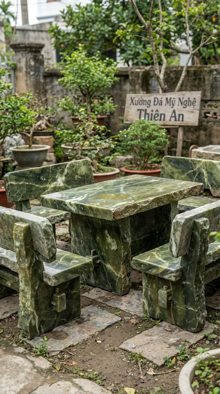 Bộ Bàn Ghế đá Ghế Thủ Lĩnh (Viking), Chất Liệu đá Serpentine, Kiểu Dáng thiết Kế Thô Mộc, Sử Dụng Các Chốt đá (Mộng đá ) Để Ghép Nối, Dáng Vẻ Nguyên Thủy. Ghế: 100 x 90 x 100 Cm. Ghế: 100 x 90 x 100 Cm.