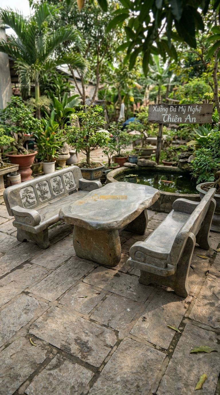Bộ Bàn Ghế đá Ghế Trường Kỷ đá , Chất Liệu đá Cuội, Kiểu Dáng ghế Dài Có Tay Vịn Và Lưng Tựa Chạm Tích Tam Quốc Hoặc Tứ Quý, Dáng Cổ Điển Việt Nam. Ghế Dài: 180 x 60 x 90 Cm. Ghế Dài: 180 x 60 x 90 Cm.