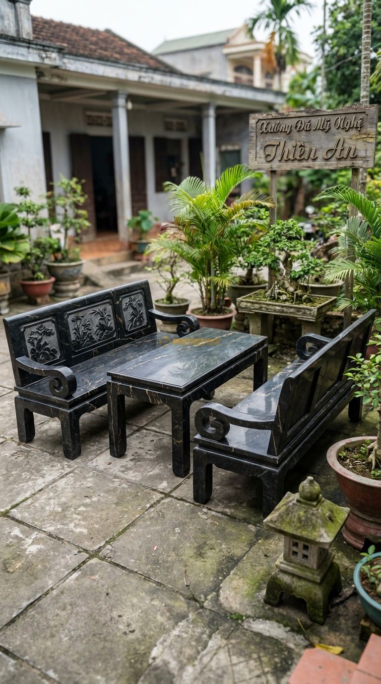 Bộ Bàn Ghế đá Ghế Trường Kỷ đá , Chất Liệu đá Đen Chỉ Nâu, Kiểu Dáng ghế Dài Có Tay Vịn Và Lưng Tựa Chạm Tích Tam Quốc Hoặc Tứ Quý, Dáng Cổ Điển Việt Nam. Ghế Dài: 180 x 60 x 90 Cm. Ghế Dài: 180 x 60 x 90 Cm.
