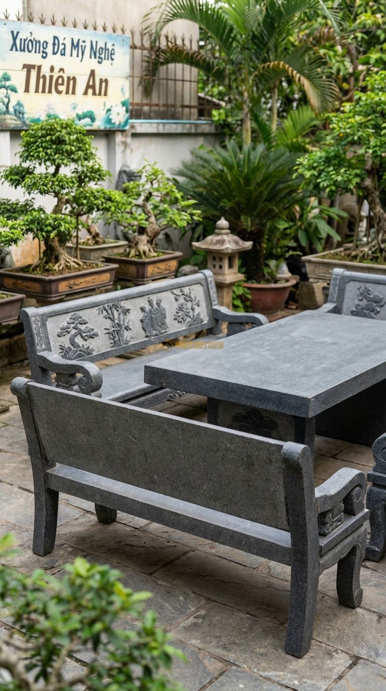 Bộ Bàn Ghế đá Ghế Trường Kỷ đá , Chất Liệu đá Granite, Kiểu Dáng ghế Dài Có Tay Vịn Và Lưng Tựa Chạm Tích Tam Quốc Hoặc Tứ Quý, Dáng Cổ Điển Việt Nam. Ghế Dài: 180 x 60 x 90 Cm. Ghế Dài: 180 x 60 x 90 Cm.