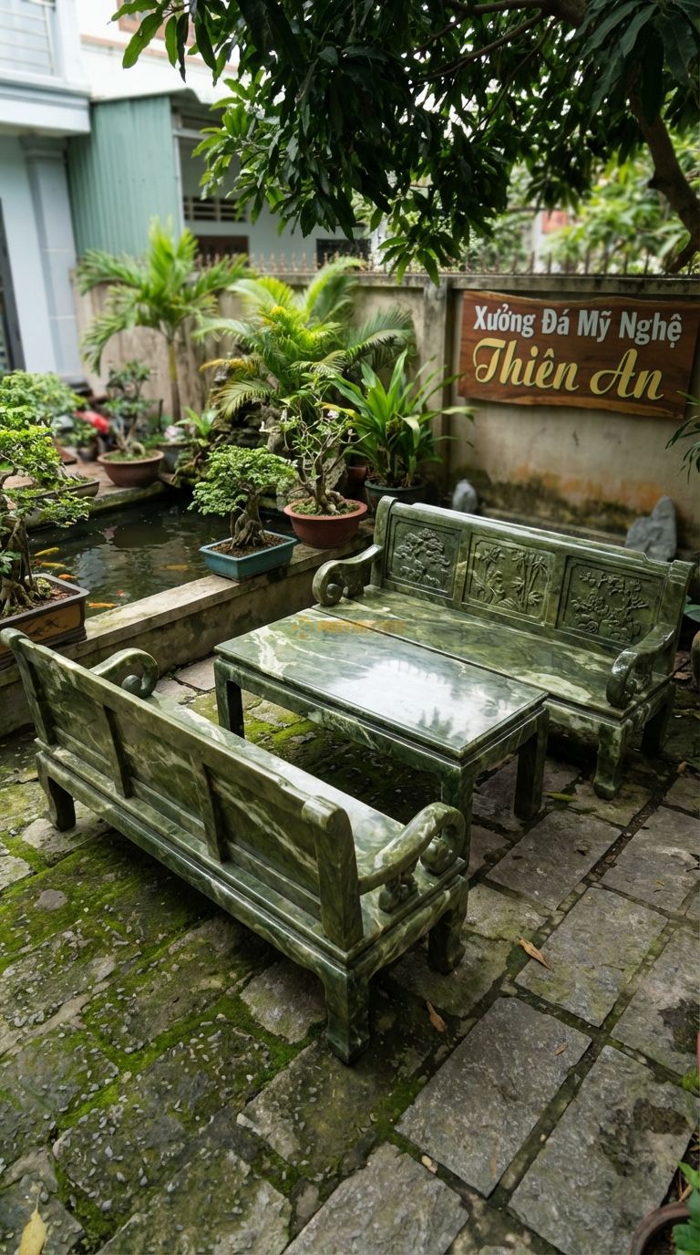 Bộ Bàn Ghế đá Ghế Trường Kỷ đá , Chất Liệu đá Serpentine, Kiểu Dáng ghế Dài Có Tay Vịn Và Lưng Tựa Chạm Tích Tam Quốc Hoặc Tứ Quý, Dáng Cổ Điển Việt Nam. Ghế Dài: 180 x 60 x 90 Cm. Ghế Dài: 180 x 60 x 90 Cm.