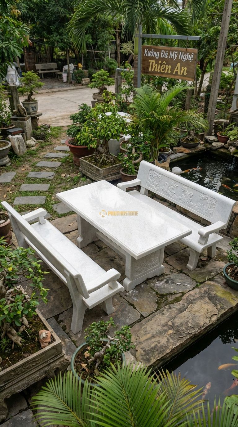 Bộ Bàn Ghế đá Ghế Trường Kỷ đá , Chất Liệu đá Trắng Muối, Kiểu Dáng ghế Dài Có Tay Vịn Và Lưng Tựa Chạm Tích Tam Quốc Hoặc Tứ Quý, Dáng Cổ Điển Việt Nam. Ghế Dài: 180 x 60 x 90 Cm. Ghế Dài: 180 x 60 x 90 Cm.