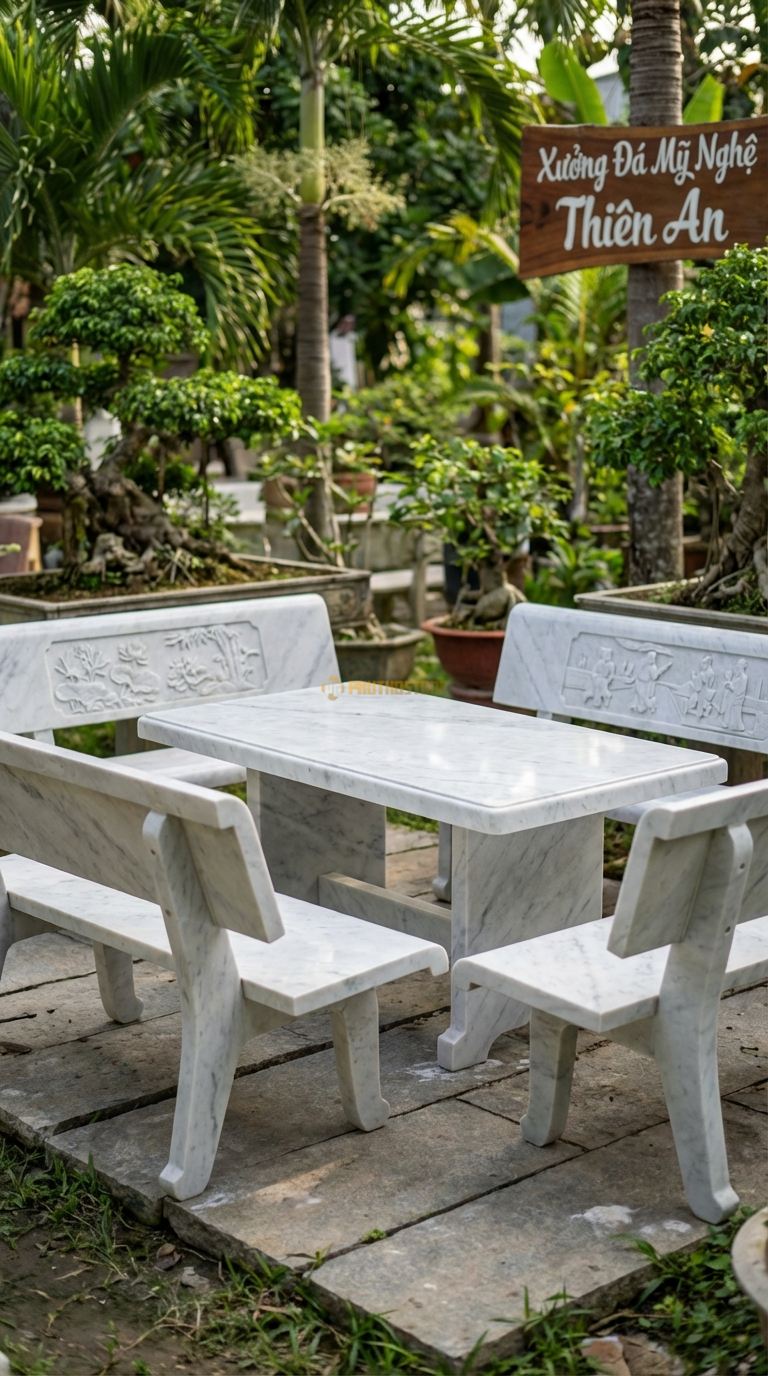 Bộ Bàn Ghế đá Ghế Trường Kỷ đá , Chất Liệu đá Trắng Yên Bái, Kiểu Dáng ghế Dài Có Tay Vịn Và Lưng Tựa Chạm Tích Tam Quốc Hoặc Tứ Quý, Dáng Cổ Điển Việt Nam. Ghế Dài: 180 x 60 x 90 Cm. Ghế Dài: 180 x 60 x 90 Cm.