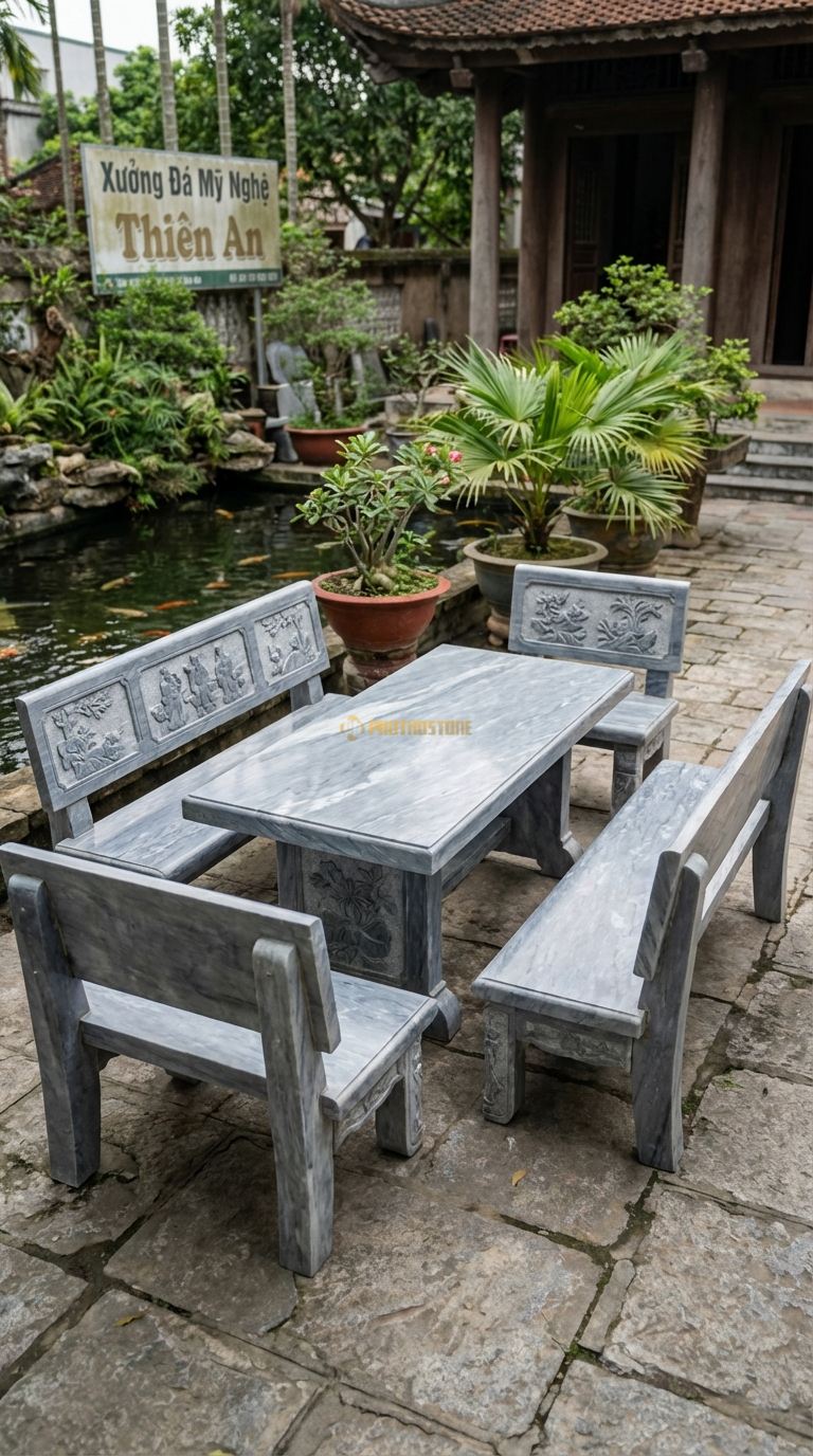 Bộ Bàn Ghế đá Ghế Trường Kỷ đá , Chất Liệu đá Xám Vân Mây, Kiểu Dáng ghế Dài Có Tay Vịn Và Lưng Tựa Chạm Tích Tam Quốc Hoặc Tứ Quý, Dáng Cổ Điển Việt Nam. Ghế Dài: 180 x 60 x 90 Cm. Ghế Dài: 180 x 60 x 90 Cm.
