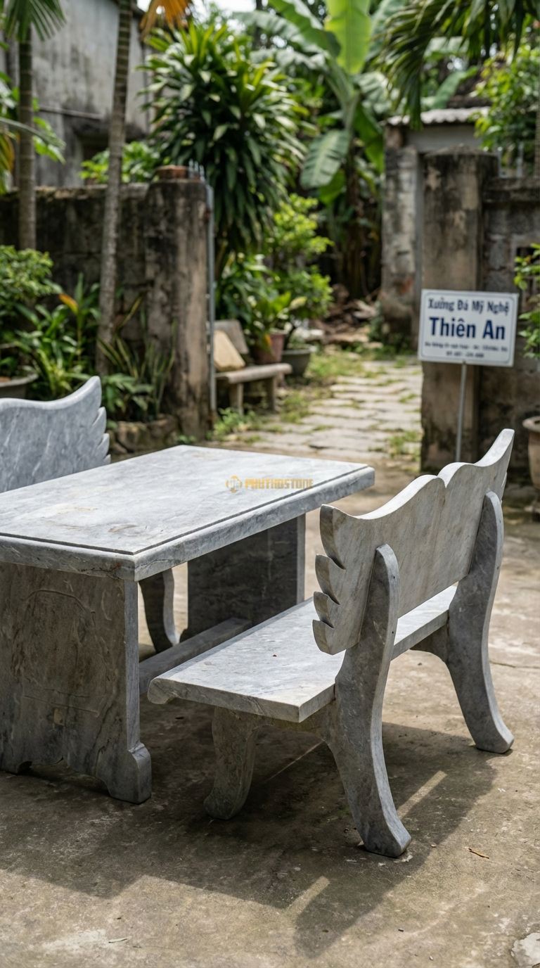 Bộ Bàn Ghế đá Ghế Tựa Cánh Tiên, Chất Liệu đá Cẩm Thạch Xám, Kiểu Dáng lưng Ghế Vát Nhọn Và Cong Nhẹ Ra Sau Như Đôi Cánh, Dáng Thanh Thoát Nhưng Quyền Lực. Ghế: 80 x 70 x 110 Cm. Ghế: 80 x 70 x 110 Cm.