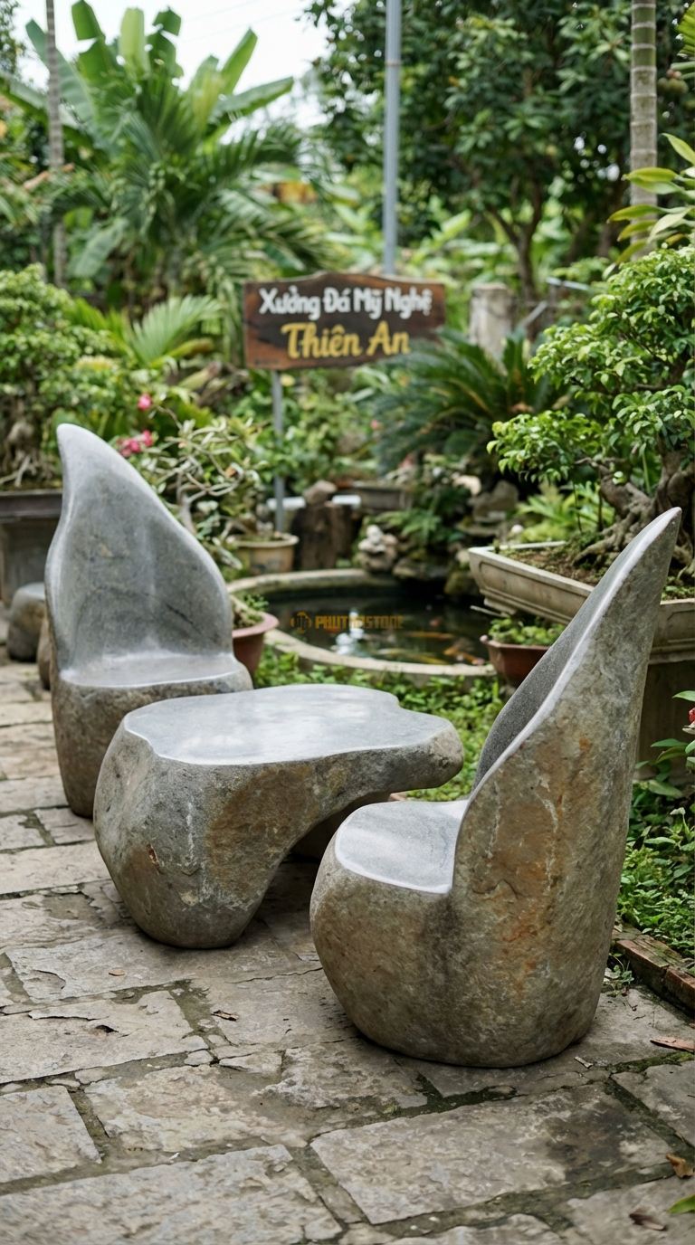 Bộ Bàn Ghế đá Ghế Tựa Cánh Tiên, Chất Liệu đá Cuội, Kiểu Dáng lưng Ghế Vát Nhọn Và Cong Nhẹ Ra Sau Như Đôi Cánh, Dáng Thanh Thoát Nhưng Quyền Lực. Ghế: 80 x 70 x 110 Cm. Ghế: 80 x 70 x 110 Cm.