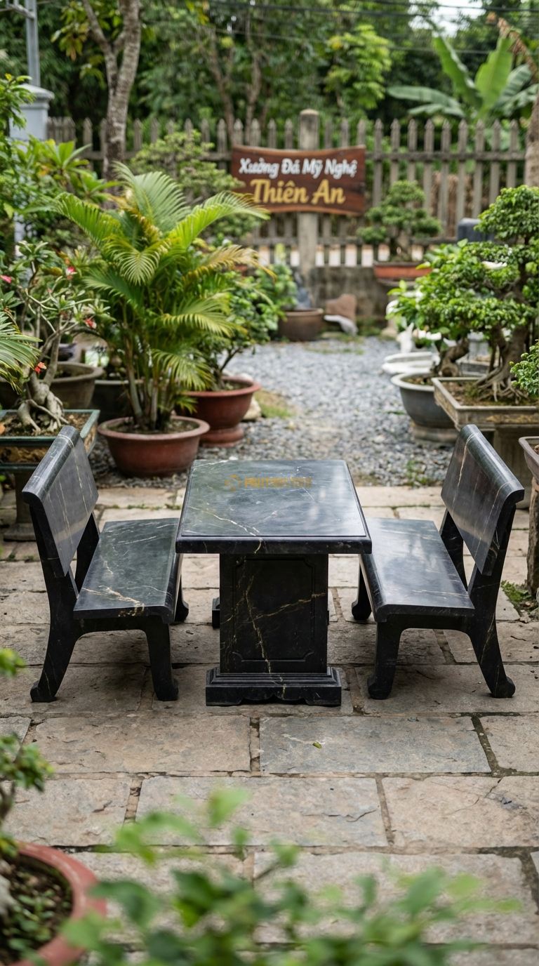 Bộ Bàn Ghế đá Ghế Tựa Cánh Tiên, Chất Liệu đá Đen Chỉ Nâu, Kiểu Dáng lưng Ghế Vát Nhọn Và Cong Nhẹ Ra Sau Như Đôi Cánh, Dáng Thanh Thoát Nhưng Quyền Lực. Ghế: 80 x 70 x 110 Cm. Ghế: 80 x 70 x 110 Cm.