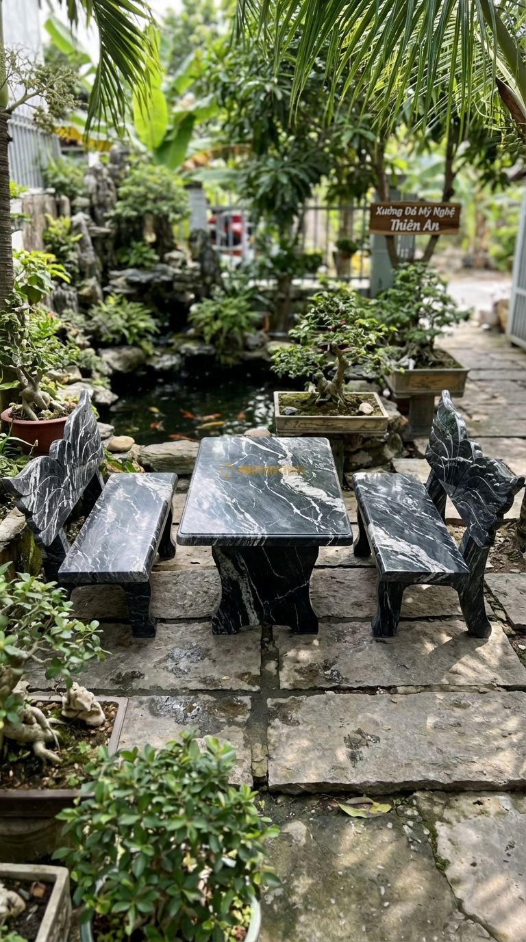Bộ Bàn Ghế đá Ghế Tựa Cánh Tiên, Chất Liệu đá Đen Tia Chớp, Kiểu Dáng lưng Ghế Vát Nhọn Và Cong Nhẹ Ra Sau Như Đôi Cánh, Dáng Thanh Thoát Nhưng Quyền Lực. Ghế: 80 x 70 x 110 Cm. Ghế: 80 x 70 x 110 Cm.