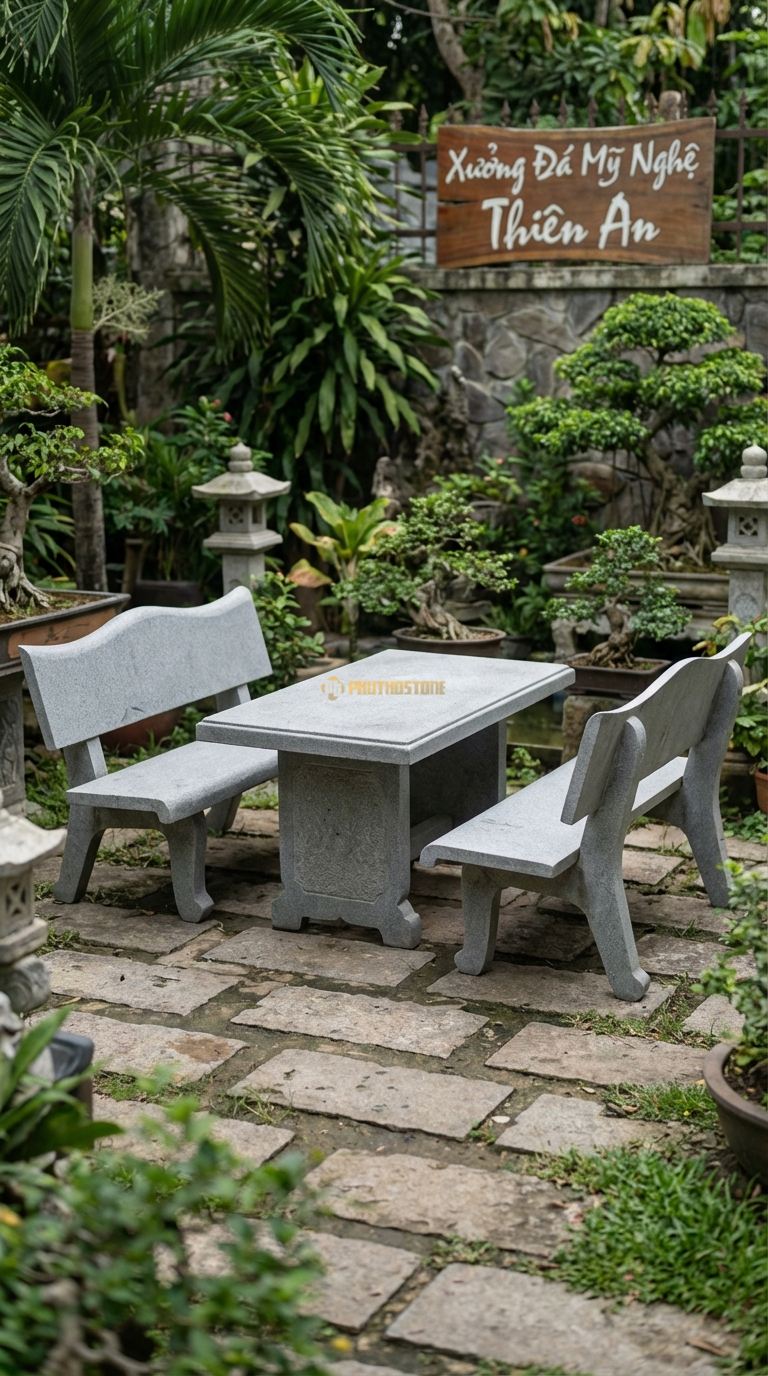 Bộ Bàn Ghế đá Ghế Tựa Cánh Tiên, Chất Liệu đá Granite, Kiểu Dáng lưng Ghế Vát Nhọn Và Cong Nhẹ Ra Sau Như Đôi Cánh, Dáng Thanh Thoát Nhưng Quyền Lực. Ghế: 80 x 70 x 110 Cm. Ghế: 80 x 70 x 110 Cm.