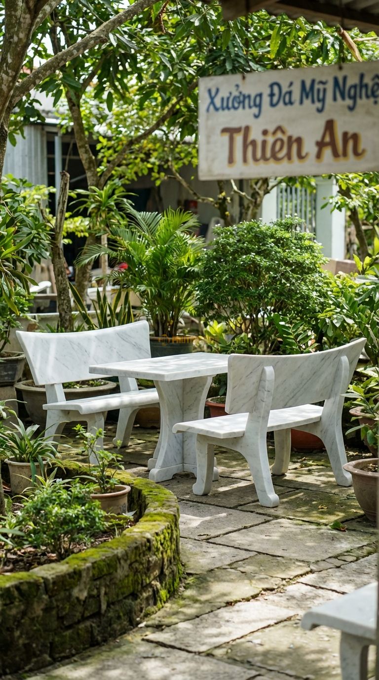 Bộ Bàn Ghế đá Ghế Tựa Cánh Tiên, Chất Liệu đá Trắng Yên Bái, Kiểu Dáng lưng Ghế Vát Nhọn Và Cong Nhẹ Ra Sau Như Đôi Cánh, Dáng Thanh Thoát Nhưng Quyền Lực. Ghế: 80 x 70 x 110 Cm. Ghế: 80 x 70 x 110 Cm.