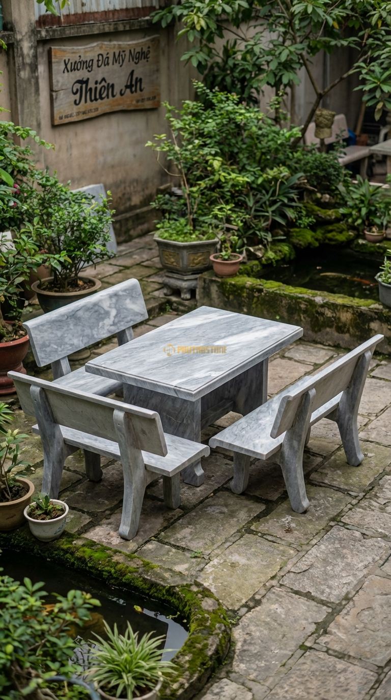Bộ Bàn Ghế đá Ghế Tựa Cánh Tiên, Chất Liệu đá Xám Vân Mây, Kiểu Dáng lưng Ghế Vát Nhọn Và Cong Nhẹ Ra Sau Như Đôi Cánh, Dáng Thanh Thoát Nhưng Quyền Lực. Ghế: 80 x 70 x 110 Cm. Ghế: 80 x 70 x 110 Cm.