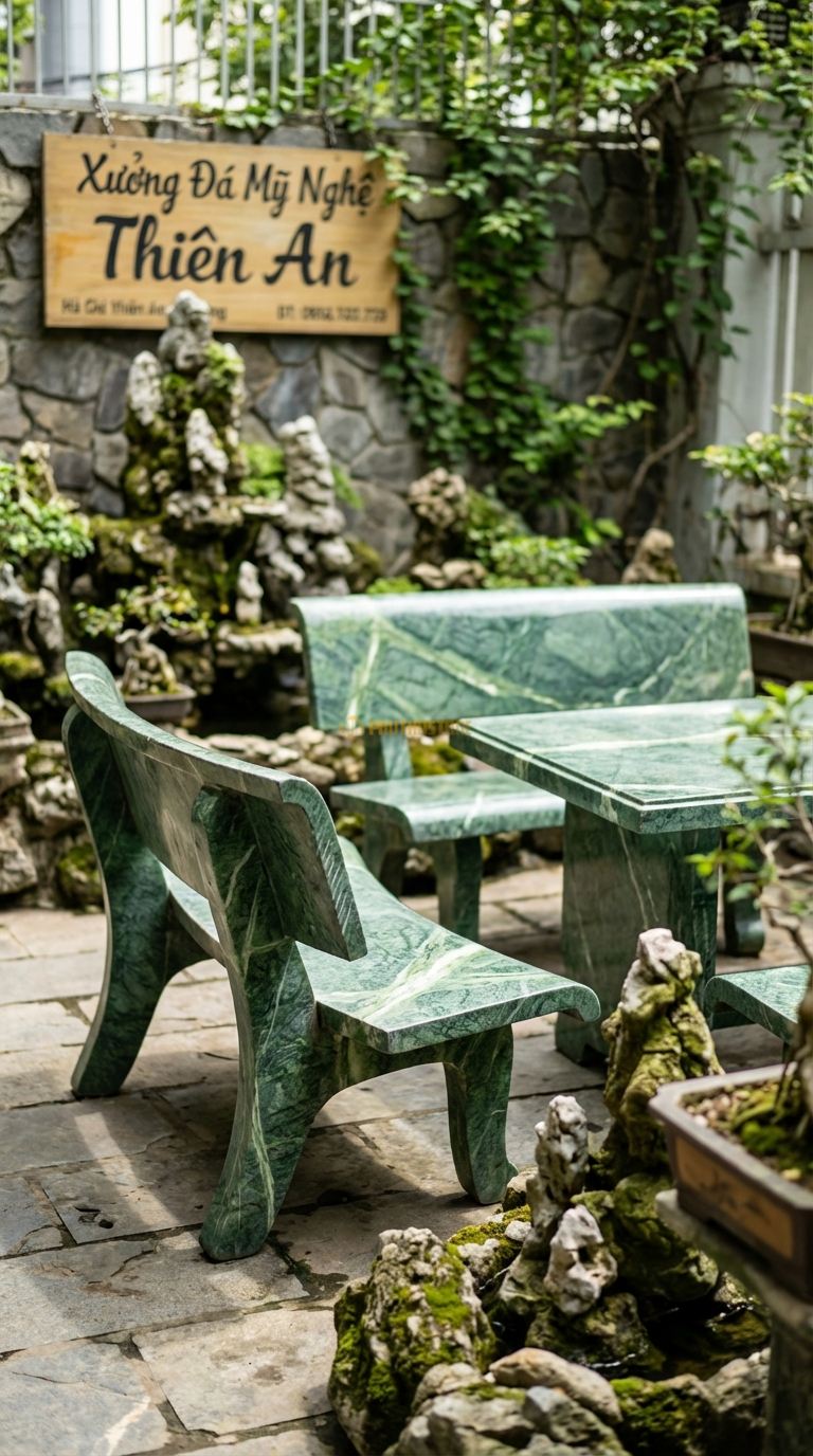 Bộ Bàn Ghế đá Ghế Tựa Cánh Tiên, Chất Liệu đá Xanh Ấn, Kiểu Dáng lưng Ghế Vát Nhọn Và Cong Nhẹ Ra Sau Như Đôi Cánh, Dáng Thanh Thoát Nhưng Quyền Lực. Ghế: 80 x 70 x 110 Cm. Ghế: 80 x 70 x 110 Cm.