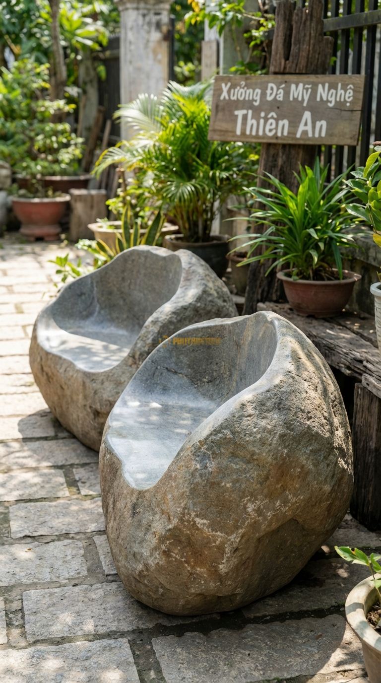 Bộ Bàn Ghế đá Ghế Tựa đá Tảng (Thô), Chất Liệu đá Cuội, Kiểu Dáng giữ Nguyên Dáng Tảng đá Khổng Lồ, Chỉ Khoét Phần Ngồi Và Mài Nhẵn Lòng, Bên Ngoài Để Thô. Ghế: 120 x 100 x 120 Cm. Ghế: 120 x 100 x 120 Cm.