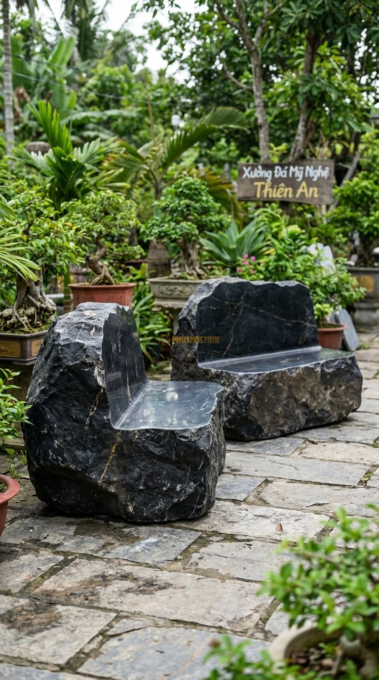 Bộ Bàn Ghế đá Ghế Tựa đá Tảng (Thô), Chất Liệu đá Đen Chỉ Nâu, Kiểu Dáng giữ Nguyên Dáng Tảng đá Khổng Lồ, Chỉ Khoét Phần Ngồi Và Mài Nhẵn Lòng, Bên Ngoài Để Thô. Ghế: 120 x 100 x 120 Cm. Ghế: 120 x 100 x 120 Cm.