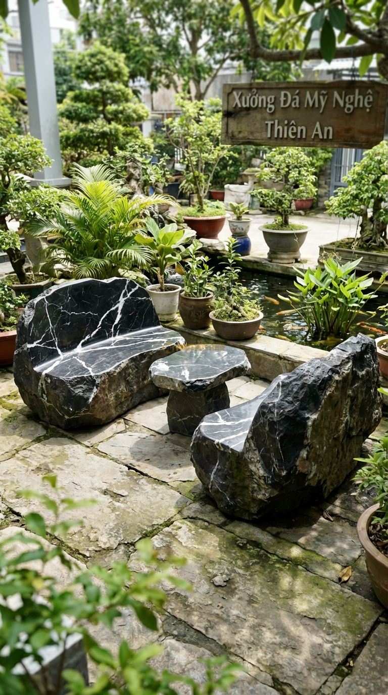 Bộ Bàn Ghế đá Ghế Tựa đá Tảng (Thô), Chất Liệu đá Đen Tia Chớp, Kiểu Dáng giữ Nguyên Dáng Tảng đá Khổng Lồ, Chỉ Khoét Phần Ngồi Và Mài Nhẵn Lòng, Bên Ngoài Để Thô. Ghế: 120 x 100 x 120 Cm. Ghế: 120 x 100 x 120 Cm.