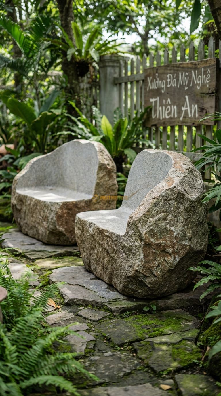 Bộ Bàn Ghế đá Ghế Tựa đá Tảng (Thô), Chất Liệu đá Granite, Kiểu Dáng giữ Nguyên Dáng Tảng đá Khổng Lồ, Chỉ Khoét Phần Ngồi Và Mài Nhẵn Lòng, Bên Ngoài Để Thô. Ghế: 120 x 100 x 120 Cm. Ghế: 120 x 100 x 120 Cm.