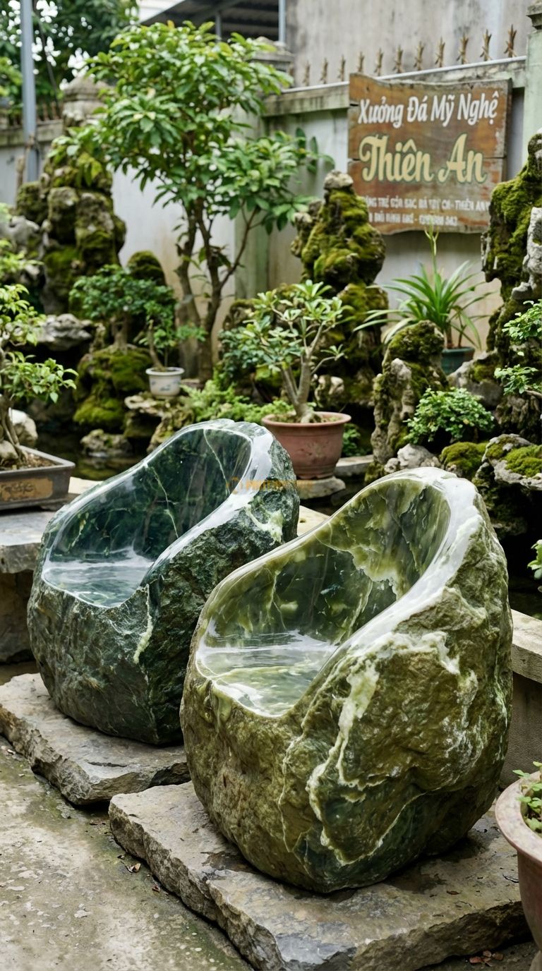 Bộ Bàn Ghế đá Ghế Tựa đá Tảng (Thô), Chất Liệu đá Serpentine, Kiểu Dáng giữ Nguyên Dáng Tảng đá Khổng Lồ, Chỉ Khoét Phần Ngồi Và Mài Nhẵn Lòng, Bên Ngoài Để Thô. Ghế: 120 x 100 x 120 Cm. Ghế: 120 x 100 x 120 Cm.