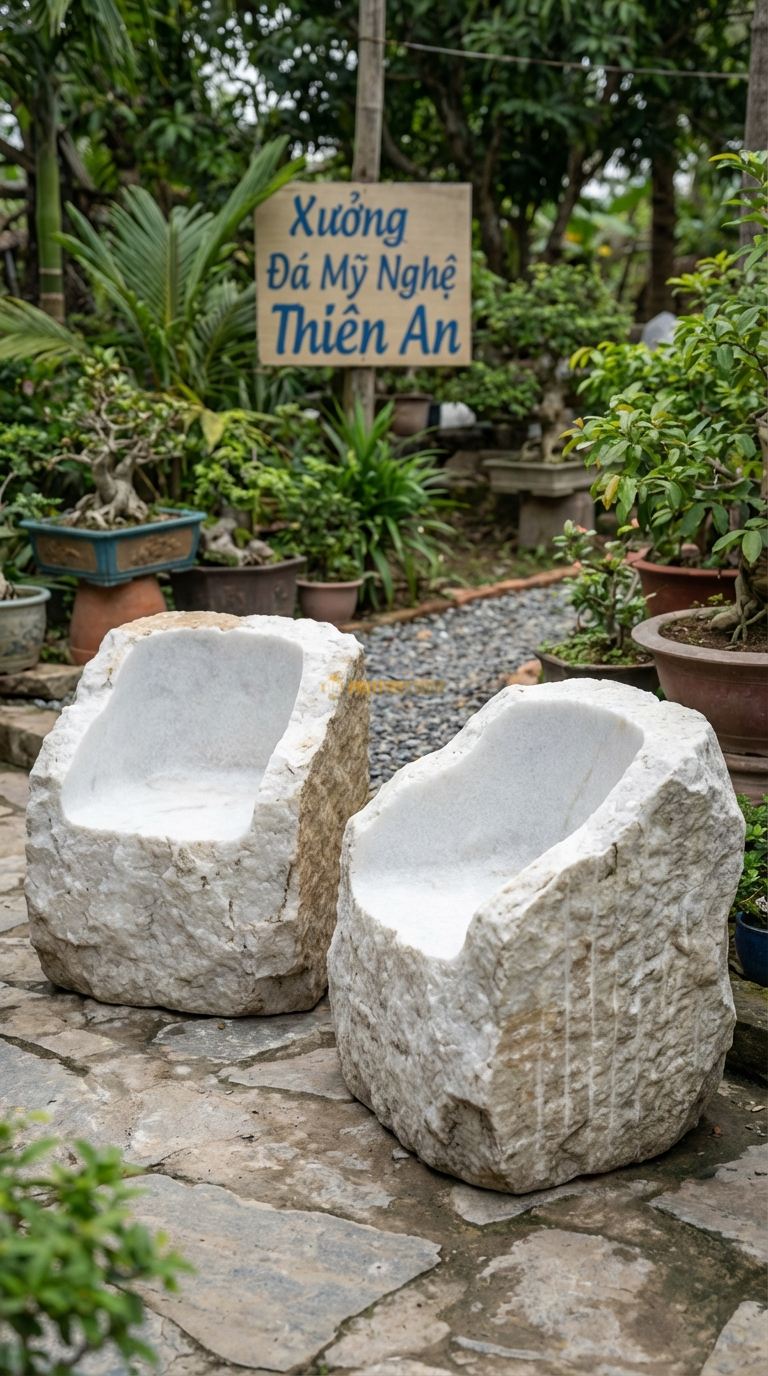 Bộ Bàn Ghế đá Ghế Tựa đá Tảng (Thô), Chất Liệu đá Trắng Muối, Kiểu Dáng giữ Nguyên Dáng Tảng đá Khổng Lồ, Chỉ Khoét Phần Ngồi Và Mài Nhẵn Lòng, Bên Ngoài Để Thô. Ghế: 120 x 100 x 120 Cm. Ghế: 120 x 100 x 120 Cm.