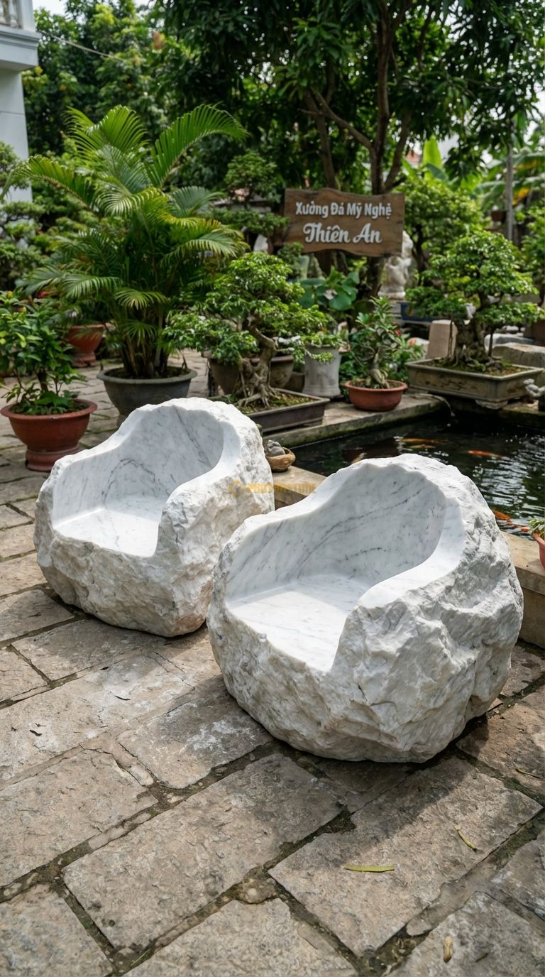 Bộ Bàn Ghế đá Ghế Tựa đá Tảng (Thô), Chất Liệu đá Trắng Yên Bái, Kiểu Dáng giữ Nguyên Dáng Tảng đá Khổng Lồ, Chỉ Khoét Phần Ngồi Và Mài Nhẵn Lòng, Bên Ngoài Để Thô. Ghế: 120 x 100 x 120 Cm. Ghế: 120 x 100 x 120 Cm.