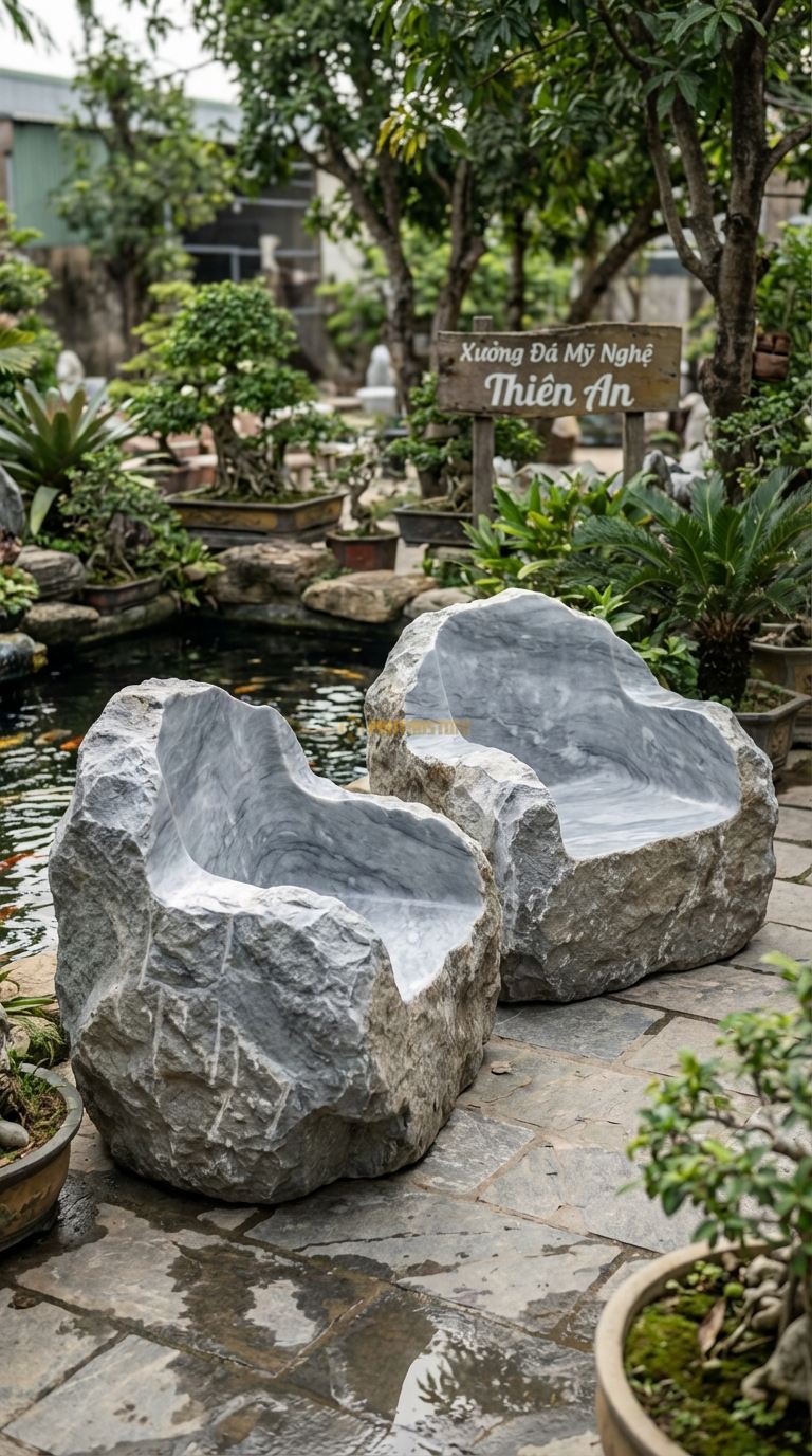 Bộ Bàn Ghế đá Ghế Tựa đá Tảng (Thô), Chất Liệu đá Xám Vân Mây, Kiểu Dáng giữ Nguyên Dáng Tảng đá Khổng Lồ, Chỉ Khoét Phần Ngồi Và Mài Nhẵn Lòng, Bên Ngoài Để Thô. Ghế: 120 x 100 x 120 Cm. Ghế: 120 x 100 x 120 Cm.
