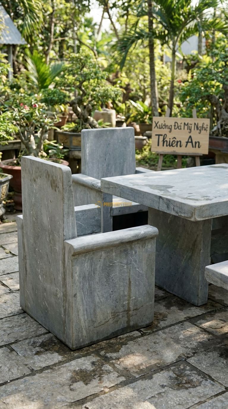 Bộ Bàn Ghế đá Ghế Tựa Quan Công, Chất Liệu đá Cẩm Thạch Xám, Kiểu Dáng dáng Ghế Vuông Vức, Vững Chãi, Lưng Phẳng Lì Cao Vút Như Bức Tường Thành. Ghế: 90 x 90 x 125 Cm. Ghế: 90 x 90 x 125 Cm.