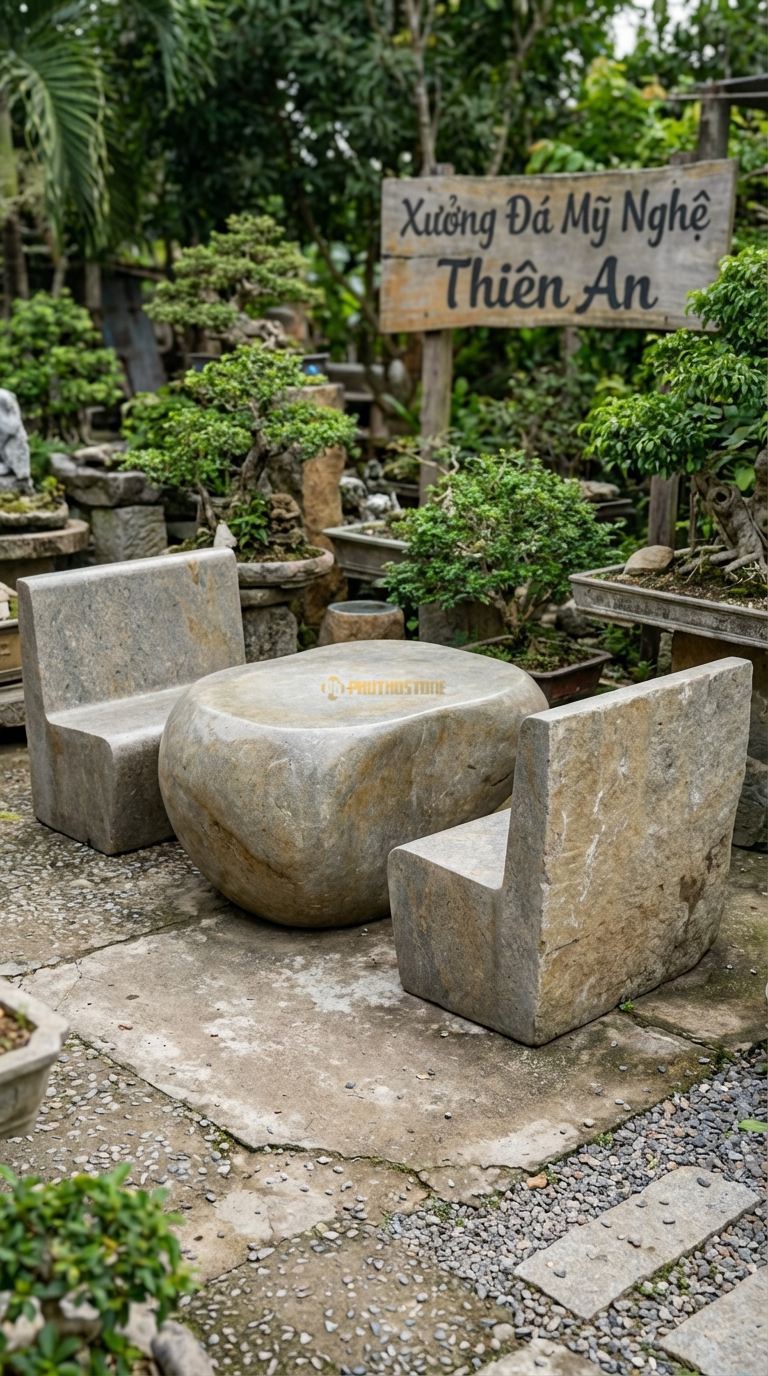 Bộ Bàn Ghế đá Ghế Tựa Quan Công, Chất Liệu đá Cuội, Kiểu Dáng dáng Ghế Vuông Vức, Vững Chãi, Lưng Phẳng Lì Cao Vút Như Bức Tường Thành. Ghế: 90 x 90 x 125 Cm. Ghế: 90 x 90 x 125 Cm.
