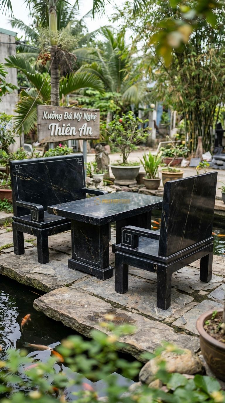 Bộ Bàn Ghế đá Ghế Tựa Quan Công, Chất Liệu đá Đen Chỉ Nâu, Kiểu Dáng dáng Ghế Vuông Vức, Vững Chãi, Lưng Phẳng Lì Cao Vút Như Bức Tường Thành. Ghế: 90 x 90 x 125 Cm. Ghế: 90 x 90 x 125 Cm.