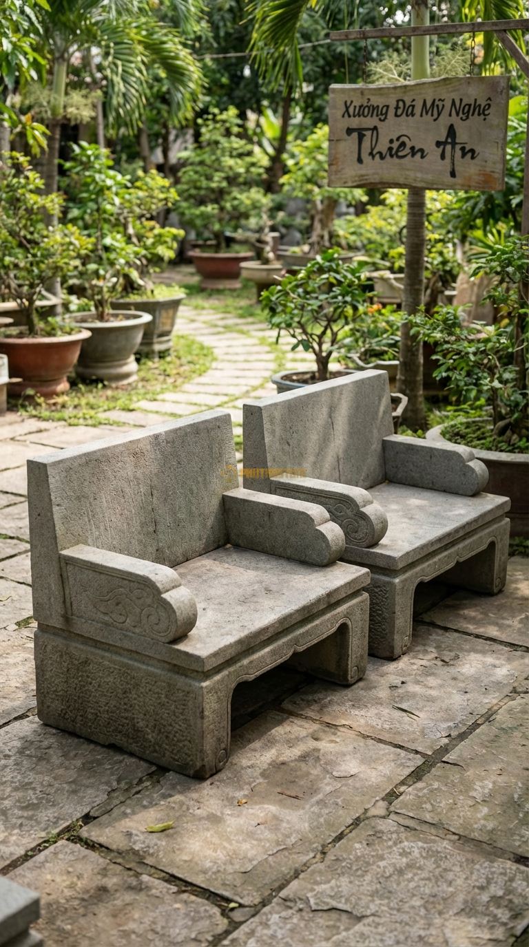 Bộ Bàn Ghế đá Ghế Tựa Quan Công, Chất Liệu đá Granite, Kiểu Dáng dáng Ghế Vuông Vức, Vững Chãi, Lưng Phẳng Lì Cao Vút Như Bức Tường Thành. Ghế: 90 x 90 x 125 Cm. Ghế: 90 x 90 x 125 Cm.