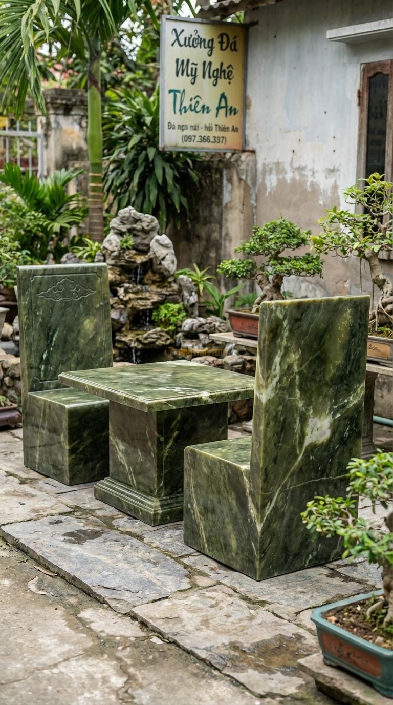 Bộ Bàn Ghế đá Ghế Tựa Quan Công, Chất Liệu đá Serpentine, Kiểu Dáng dáng Ghế Vuông Vức, Vững Chãi, Lưng Phẳng Lì Cao Vút Như Bức Tường Thành. Ghế: 90 x 90 x 125 Cm. Ghế: 90 x 90 x 125 Cm.