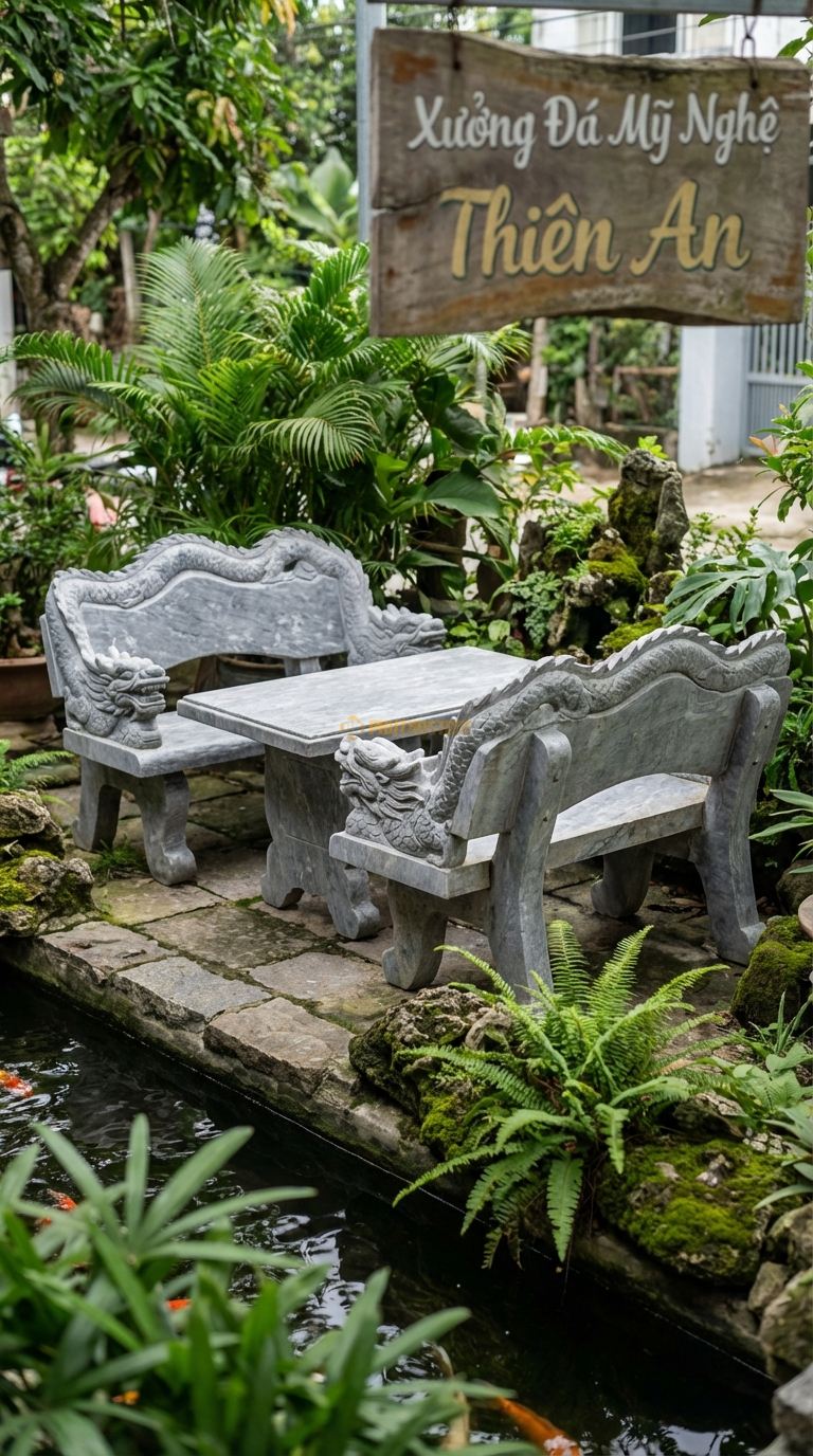 Bộ Bàn Ghế đá Ghế Tựa Rồng (Long Ẩn), Chất Liệu đá Cẩm Thạch Xám, Kiểu Dáng hai Tay Vịn Là Hai Đầu Rồng, Thân Rồng Chạy Dọc Theo Tựa Lưng Ra Phía Sau. Ghế: 90 x 80 x 110 Cm. Ghế: 90 x 80 x 110 Cm.