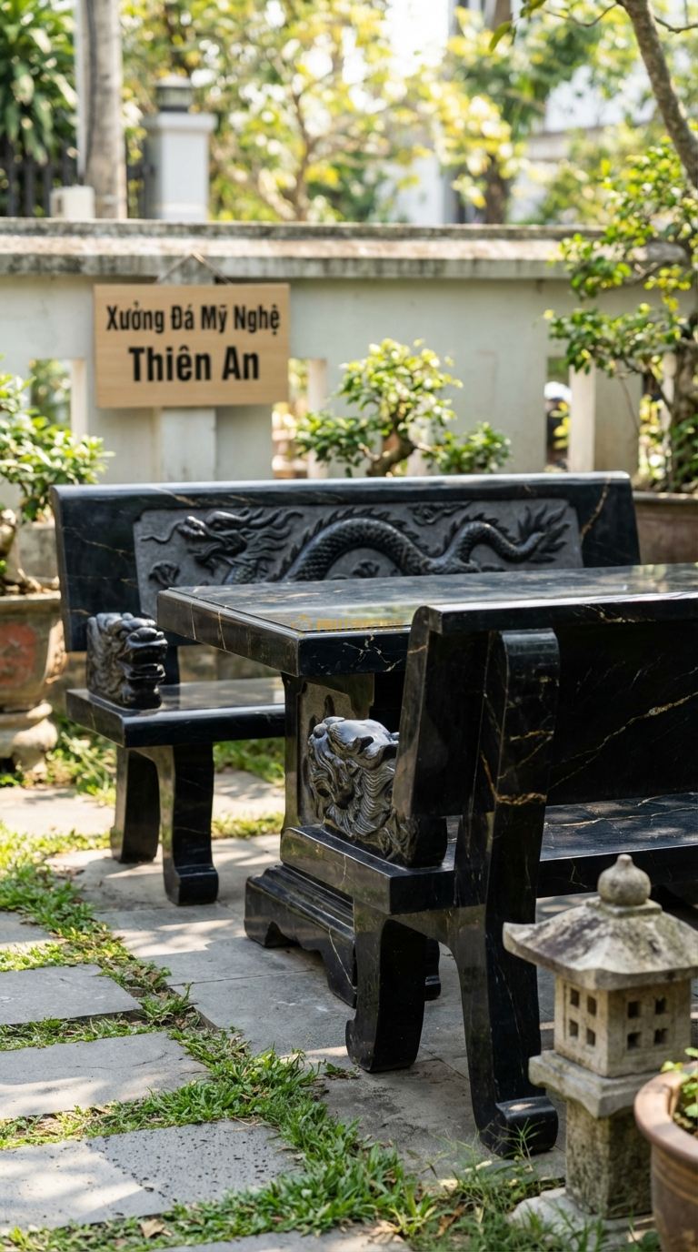 Bộ Bàn Ghế đá Ghế Tựa Rồng (Long Ẩn), Chất Liệu đá Đen Chỉ Nâu, Kiểu Dáng hai Tay Vịn Là Hai Đầu Rồng, Thân Rồng Chạy Dọc Theo Tựa Lưng Ra Phía Sau. Ghế: 90 x 80 x 110 Cm. Ghế: 90 x 80 x 110 Cm.