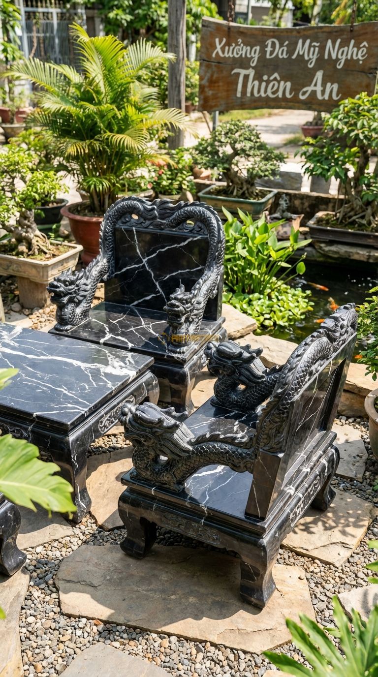 Bộ Bàn Ghế đá Ghế Tựa Rồng (Long Ẩn), Chất Liệu đá Đen Tia Chớp, Kiểu Dáng hai Tay Vịn Là Hai Đầu Rồng, Thân Rồng Chạy Dọc Theo Tựa Lưng Ra Phía Sau. Ghế: 90 x 80 x 110 Cm. Ghế: 90 x 80 x 110 Cm.