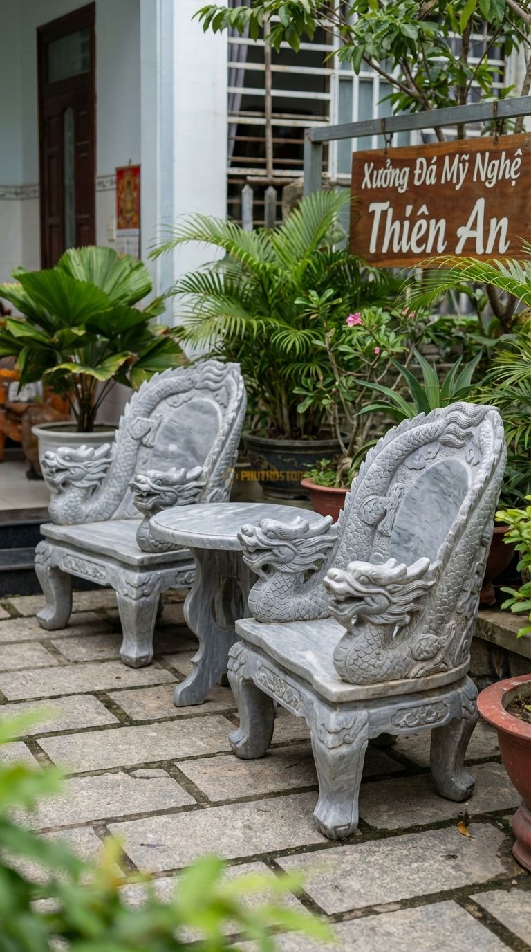 Bộ Bàn Ghế đá Ghế Tựa Rồng (Long Ẩn), Chất Liệu đá Xám Vân Mây, Kiểu Dáng hai Tay Vịn Là Hai Đầu Rồng, Thân Rồng Chạy Dọc Theo Tựa Lưng Ra Phía Sau. Ghế: 90 x 80 x 110 Cm. Ghế: 90 x 80 x 110 Cm.