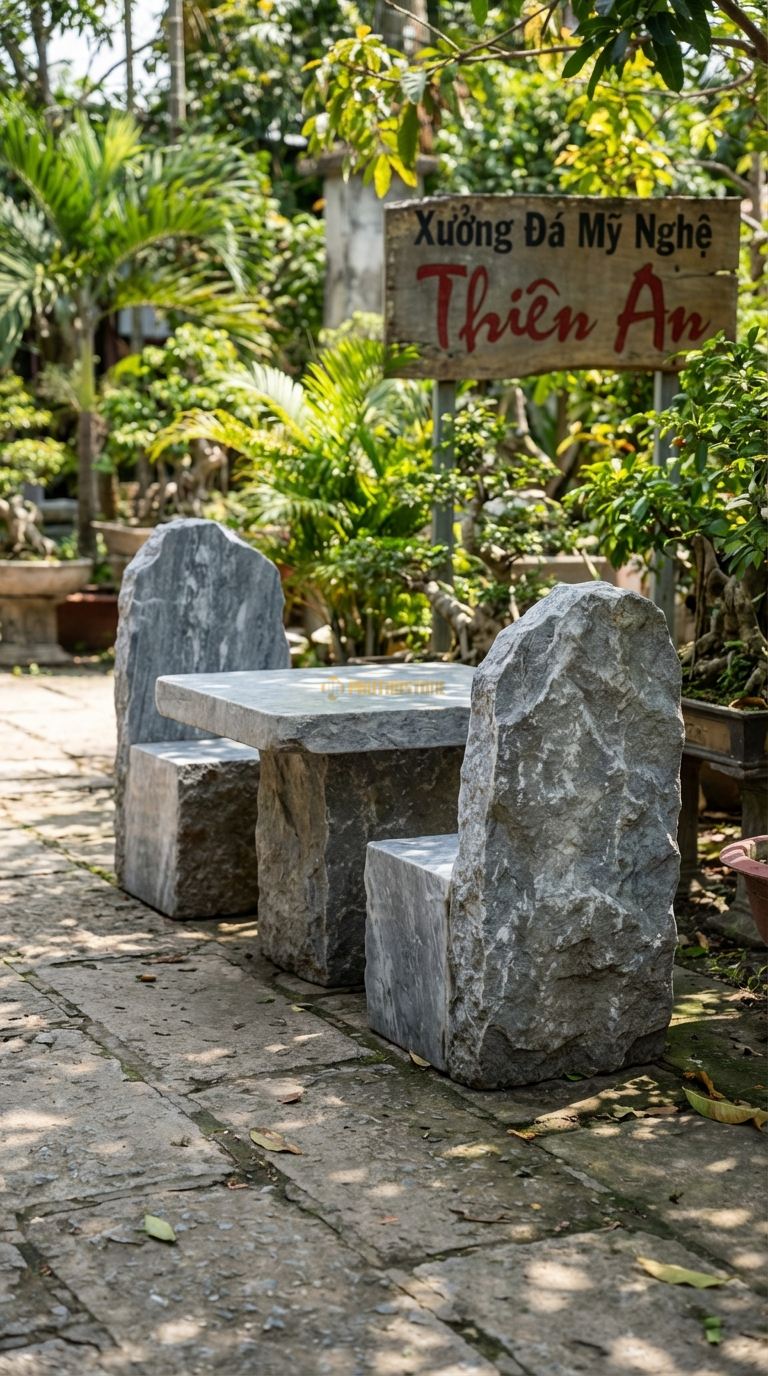 Bộ Bàn Ghế đá Ghế Tựa Vách Núi, Chất Liệu đá Cẩm Thạch Xám, Kiểu Dáng lưng Tựa Là Phiến đá Dựng Đứng Cắt Thô Như Vách Núi, Mặt Ngồi Ốp Vào Chân. Ghế Đơn: 70 x 60 x 110 Cm (Tựa Cao). Ghế Đơn: 70 x 60 x 110 Cm (Tựa Cao).