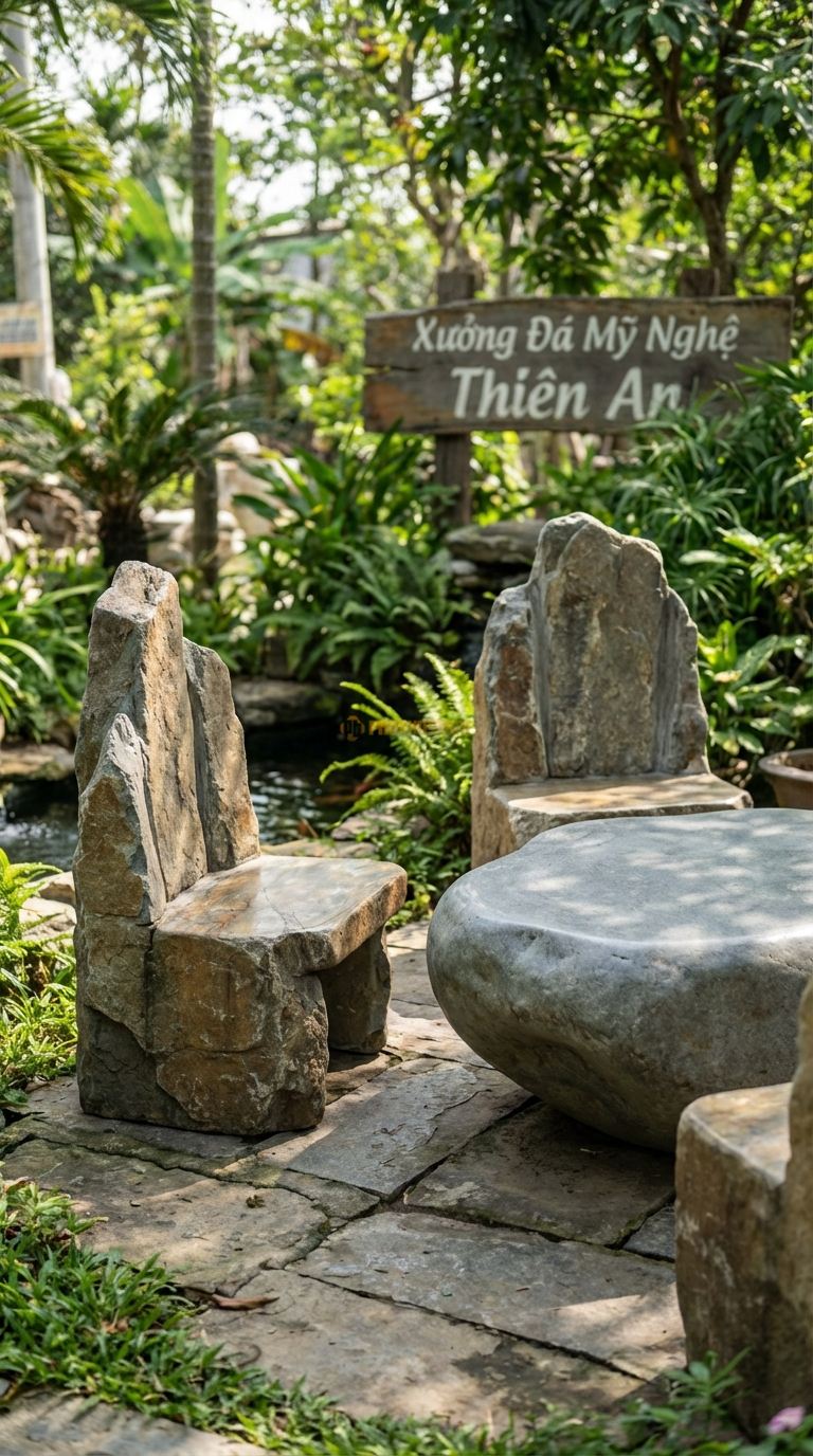 Bộ Bàn Ghế đá Ghế Tựa Vách Núi, Chất Liệu đá Cuội, Kiểu Dáng lưng Tựa Là Phiến đá Dựng Đứng Cắt Thô Như Vách Núi, Mặt Ngồi Ốp Vào Chân. Ghế Đơn: 70 x 60 x 110 Cm (Tựa Cao). Ghế Đơn: 70 x 60 x 110 Cm (Tựa Cao).