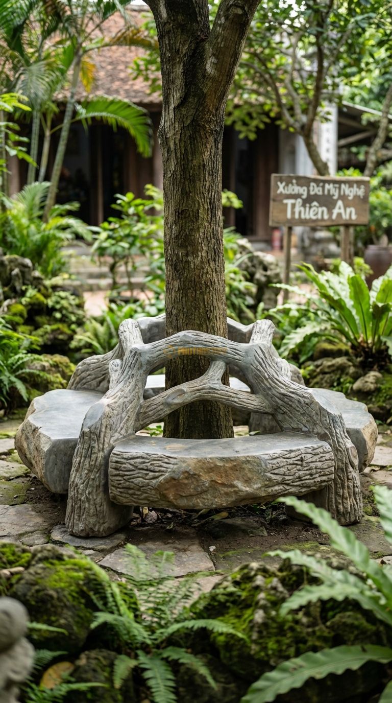 Bộ Bàn Ghế đá Giả Gỗ Ôm Cây, Chất Liệu đá Cuội, Kiểu Dáng đá Tạc Hình Các Khúc Gỗ Cong Bao Quanh Gốc Cây, Bề Mặt Sần Vỏ Cây. Đk Ngoài: 160 Cm. Đk Ngoài: 160 Cm.