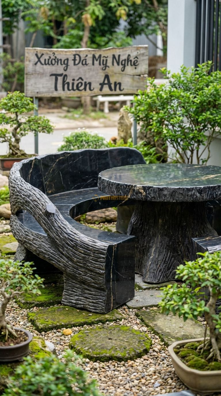 Bộ Bàn Ghế đá Giả Gỗ Ôm Cây, Chất Liệu đá Đen Chỉ Nâu, Kiểu Dáng đá Tạc Hình Các Khúc Gỗ Cong Bao Quanh Gốc Cây, Bề Mặt Sần Vỏ Cây. Đk Ngoài: 160 Cm. Đk Ngoài: 160 Cm.