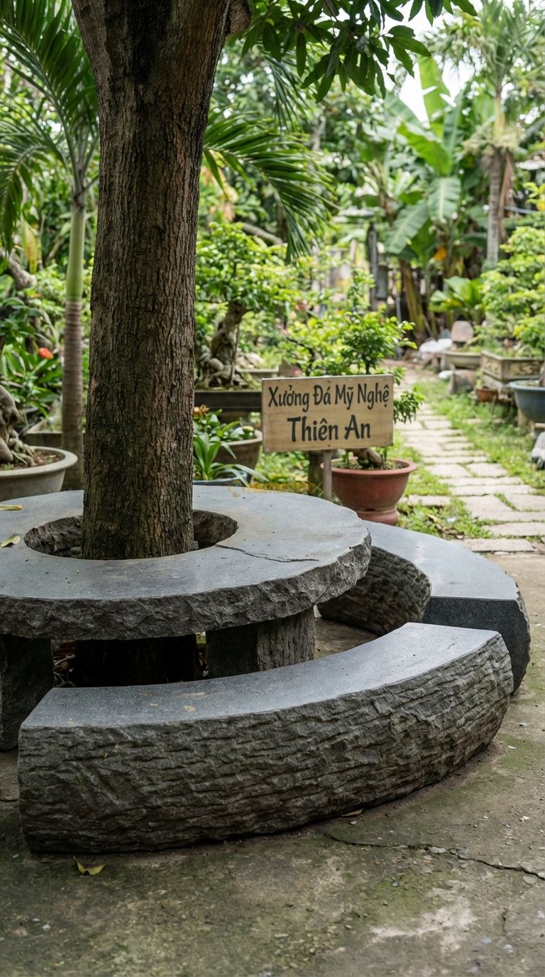 Bộ Bàn Ghế đá Giả Gỗ Ôm Cây, Chất Liệu đá Granite, Kiểu Dáng đá Tạc Hình Các Khúc Gỗ Cong Bao Quanh Gốc Cây, Bề Mặt Sần Vỏ Cây. Đk Ngoài: 160 Cm. Đk Ngoài: 160 Cm.