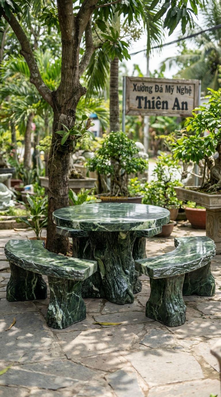 Bộ Bàn Ghế đá Giả Gỗ Ôm Cây, Chất Liệu đá Serpentine, Kiểu Dáng đá Tạc Hình Các Khúc Gỗ Cong Bao Quanh Gốc Cây, Bề Mặt Sần Vỏ Cây. Đk Ngoài: 160 Cm. Đk Ngoài: 160 Cm.