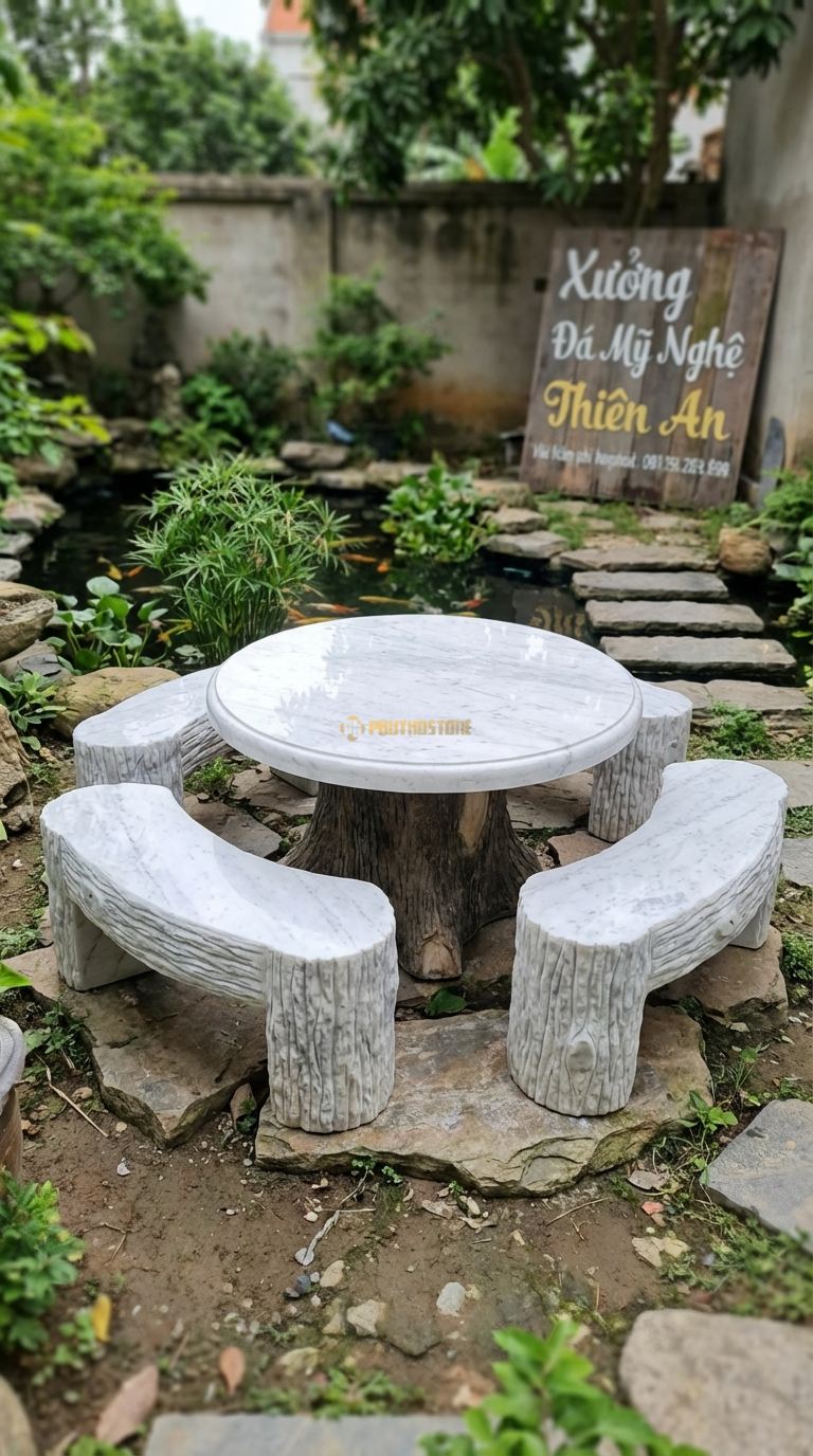 Bộ Bàn Ghế đá Giả Gỗ Ôm Cây, Chất Liệu đá Trắng Yên Bái, Kiểu Dáng đá Tạc Hình Các Khúc Gỗ Cong Bao Quanh Gốc Cây, Bề Mặt Sần Vỏ Cây. Đk Ngoài: 160 Cm. Đk Ngoài: 160 Cm.