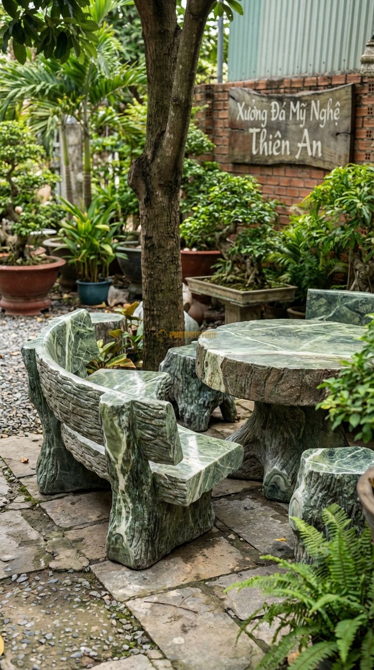 Bộ Bàn Ghế đá Giả Gỗ Ôm Cây, Chất Liệu đá Xanh Ấn, Kiểu Dáng đá Tạc Hình Các Khúc Gỗ Cong Bao Quanh Gốc Cây, Bề Mặt Sần Vỏ Cây. Đk Ngoài: 160 Cm. Đk Ngoài: 160 Cm.