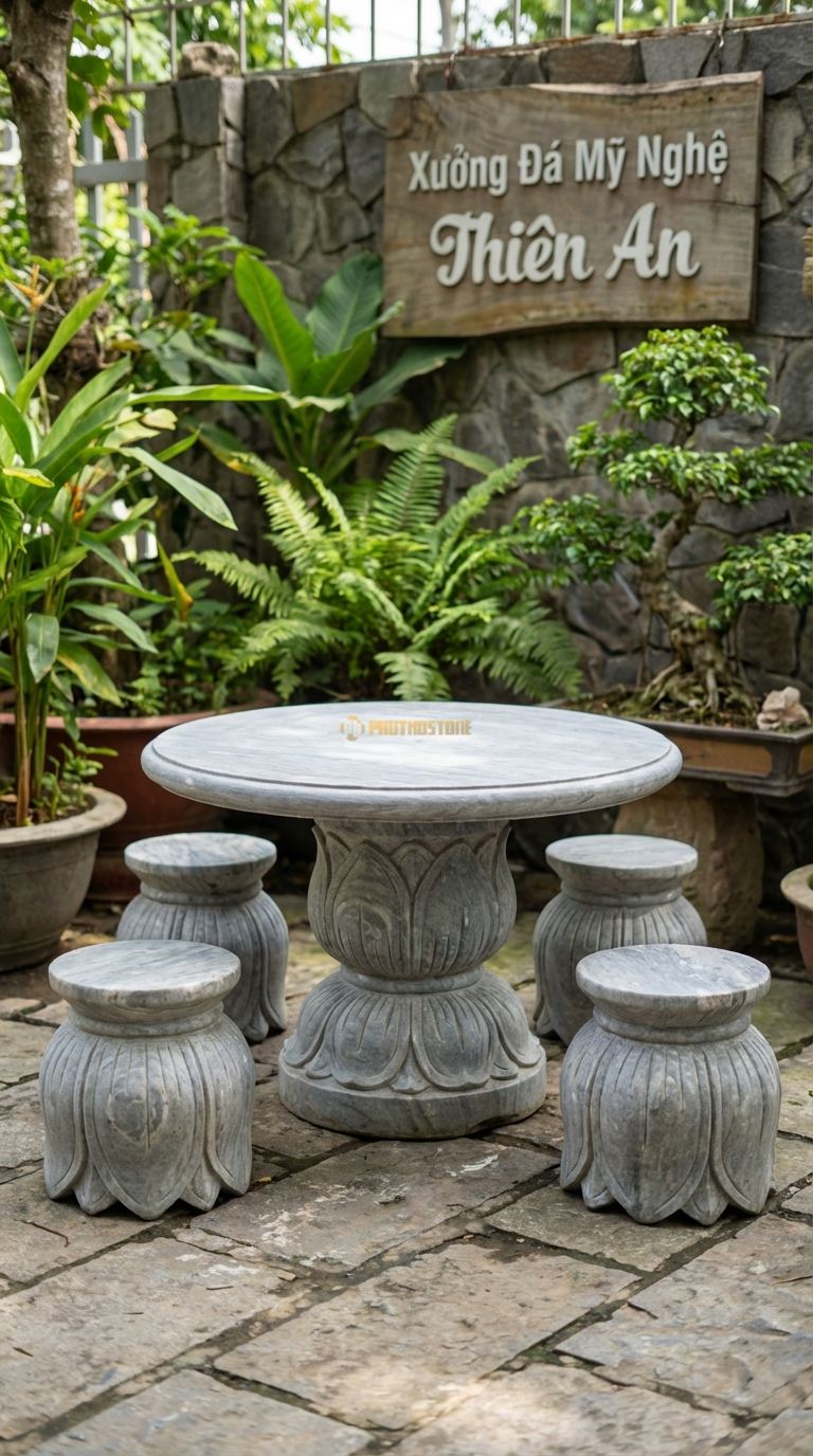 Bộ Bàn Ghế đá Hoa Sen (Liên Hoa), Chất Liệu đá Cẩm Thạch Xám, Kiểu Dáng mặt Bàn Trơn, Chân Bàn Tạc Hình Đài Sen Nở, Các Đôn Ngồi Hình Lá Sen Úp Ngược. Bàn: Đk 100 Cm x Cao 60 Cm Đôn: Đk 35 x 35 Cm (4 Đôn)