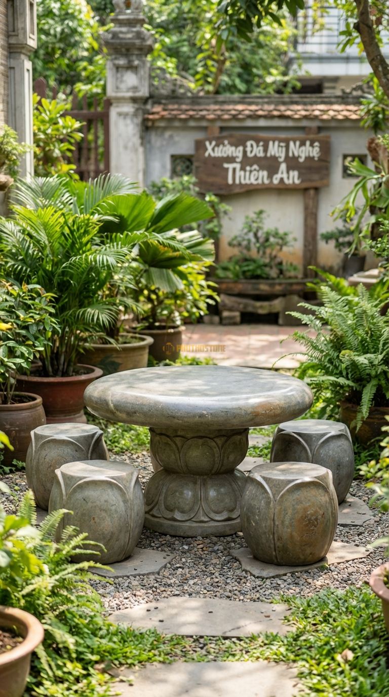 Bộ Bàn Ghế đá Hoa Sen (Liên Hoa), Chất Liệu đá Cuội, Kiểu Dáng mặt Bàn Trơn, Chân Bàn Tạc Hình Đài Sen Nở, Các Đôn Ngồi Hình Lá Sen Úp Ngược. Bàn: Đk 100 Cm x Cao 60 Cm Đôn: Đk 35 x 35 Cm (4 Đôn)