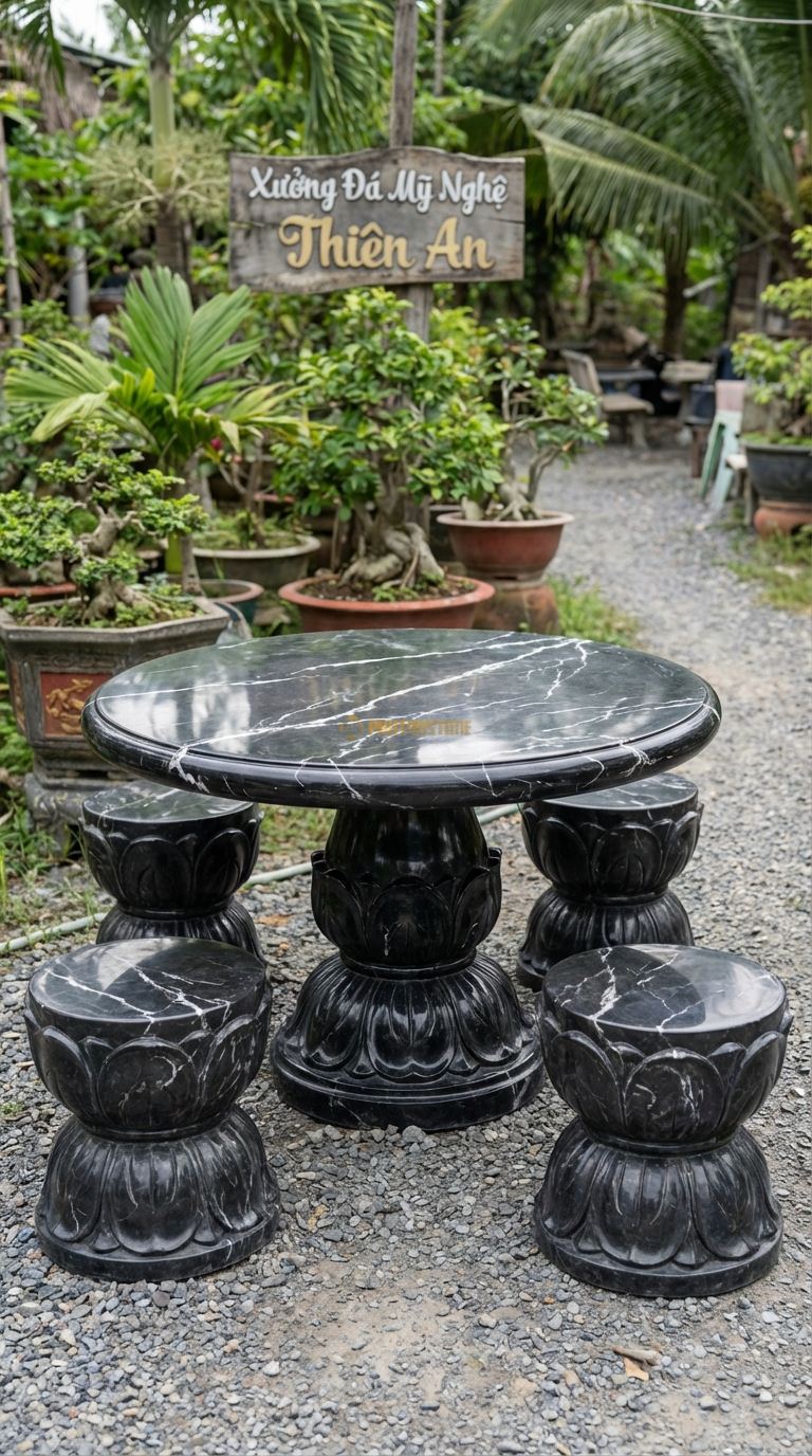 Bộ Bàn Ghế đá Hoa Sen (Liên Hoa), Chất Liệu đá Đen Tia Chớp, Kiểu Dáng mặt Bàn Trơn, Chân Bàn Tạc Hình Đài Sen Nở, Các Đôn Ngồi Hình Lá Sen Úp Ngược. Bàn: Đk 100 Cm x Cao 60 Cm Đôn: Đk 35 x 35 Cm (4 Đôn)