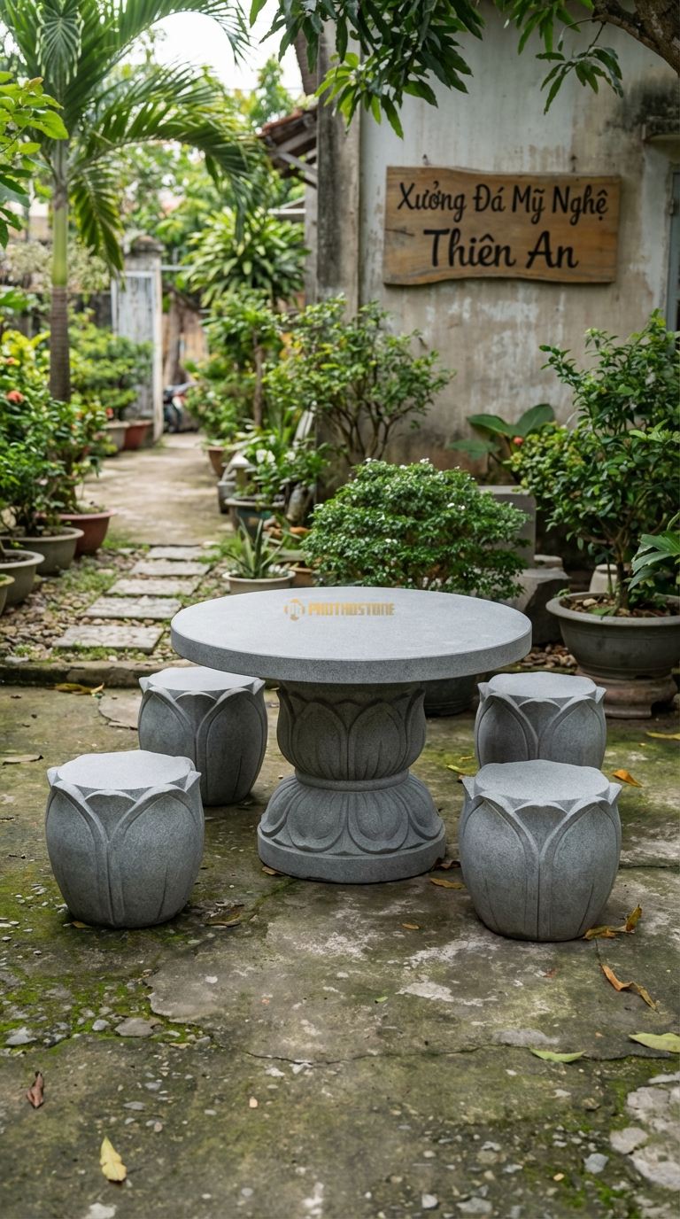 Bộ Bàn Ghế đá Hoa Sen (Liên Hoa), Chất Liệu đá Granite, Kiểu Dáng mặt Bàn Trơn, Chân Bàn Tạc Hình Đài Sen Nở, Các Đôn Ngồi Hình Lá Sen Úp Ngược. Bàn: Đk 100 Cm x Cao 60 Cm Đôn: Đk 35 x 35 Cm (4 Đôn)