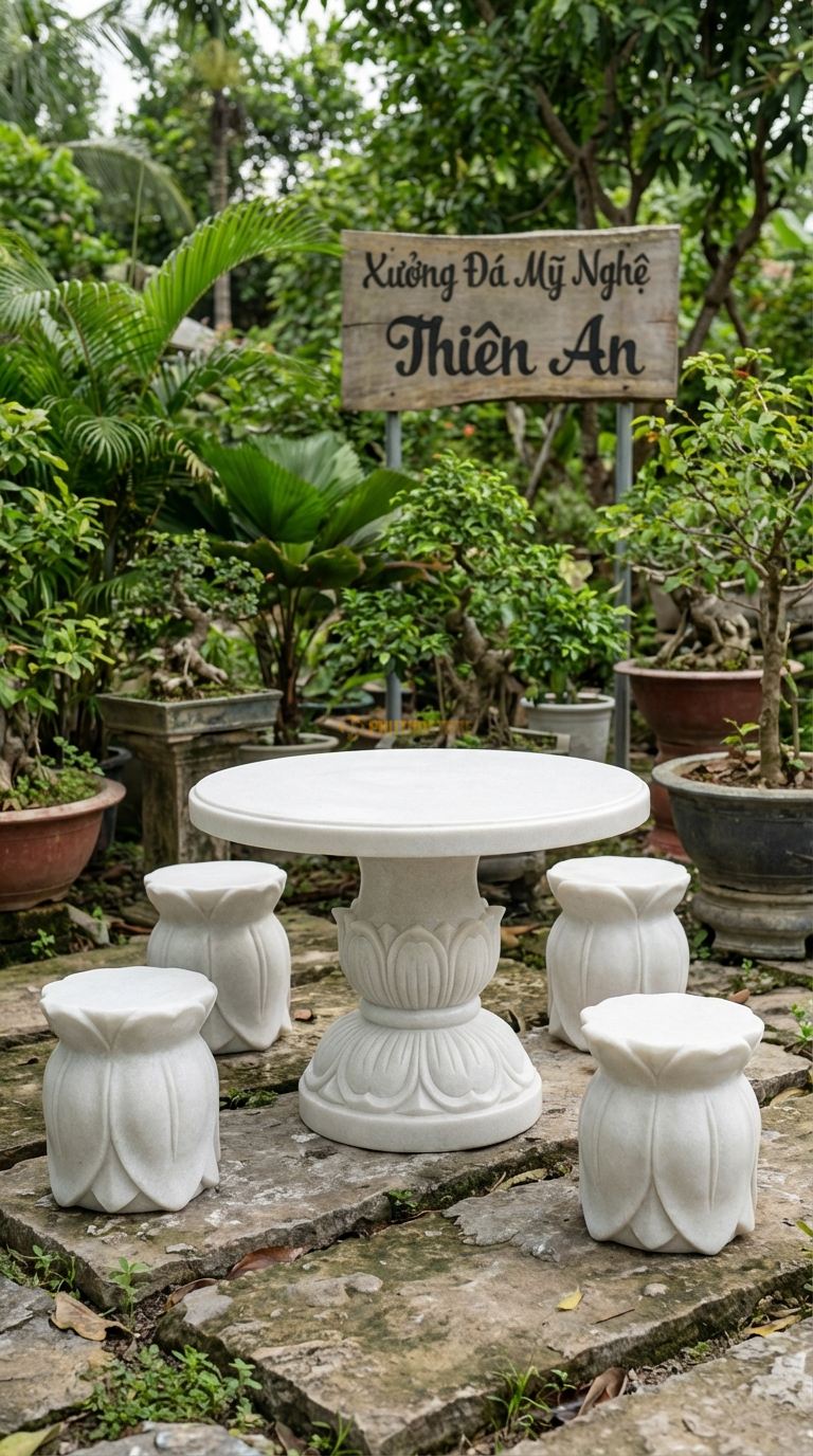 Bộ Bàn Ghế đá Hoa Sen (Liên Hoa), Chất Liệu đá Trắng Muối, Kiểu Dáng mặt Bàn Trơn, Chân Bàn Tạc Hình Đài Sen Nở, Các Đôn Ngồi Hình Lá Sen Úp Ngược. Bàn: Đk 100 Cm x Cao 60 Cm Đôn: Đk 35 x 35 Cm (4 Đôn)